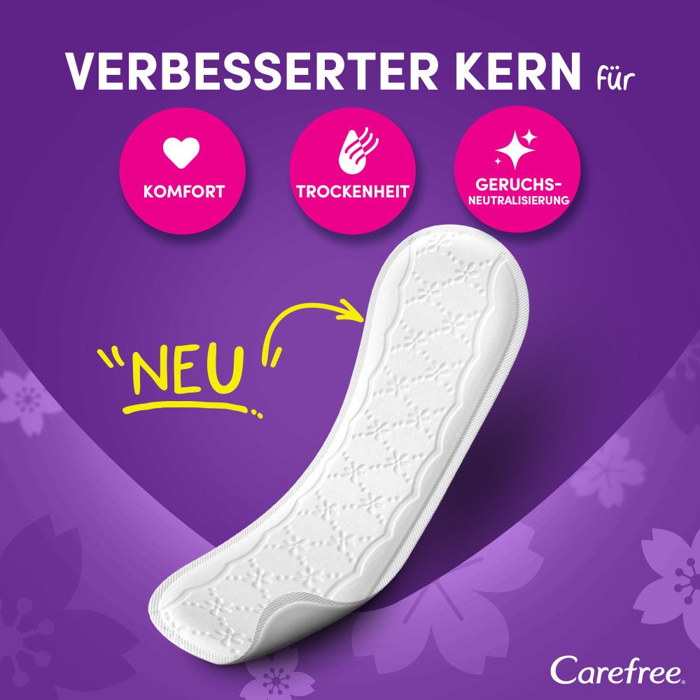 Carefree Plus Long Slipeinlage. Weiße, längliche Form. Auf lila Hintergrund. Neu.