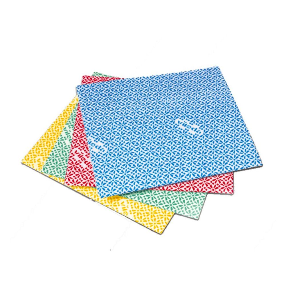 Mehrfarbige Wischtücher, blau, rot, gelb und grün. Muster mit kleinen Blüten. Aufdruck "WiPro".