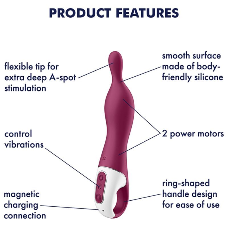 Produktmerkmale: Vibrator mit flexibler Spitze, zwei Motoren, magnetischem Ladeanschluss, Ringgriff und Silikonoberfläche.