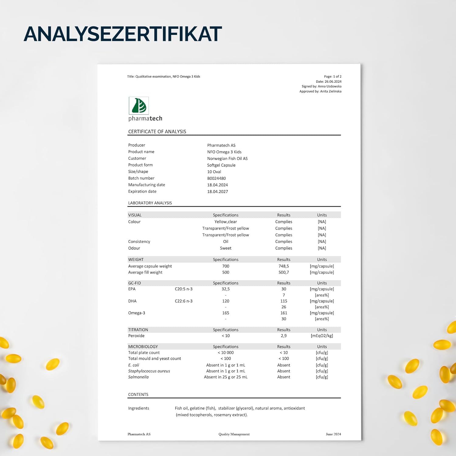 Weißes Blatt mit Text. Analyse Zertifikat. Angaben zu Produkt, Laboranalyse, Inhaltsstoffen.