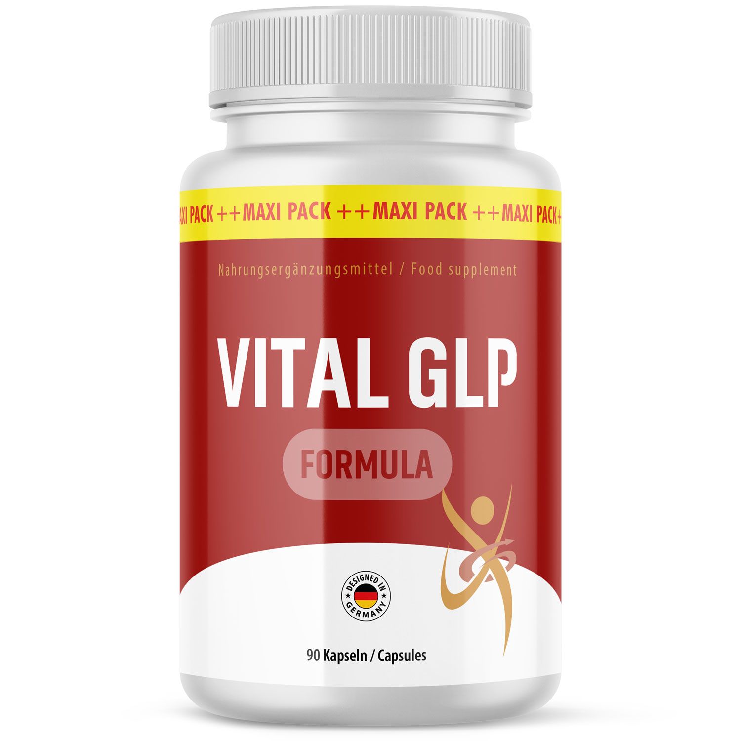 Weiße Flasche mit rotem Etikett. Aufschrift: VITAL GLP FORMULA. Enthält 90 Kapseln. Hergestellt in Deutschland.