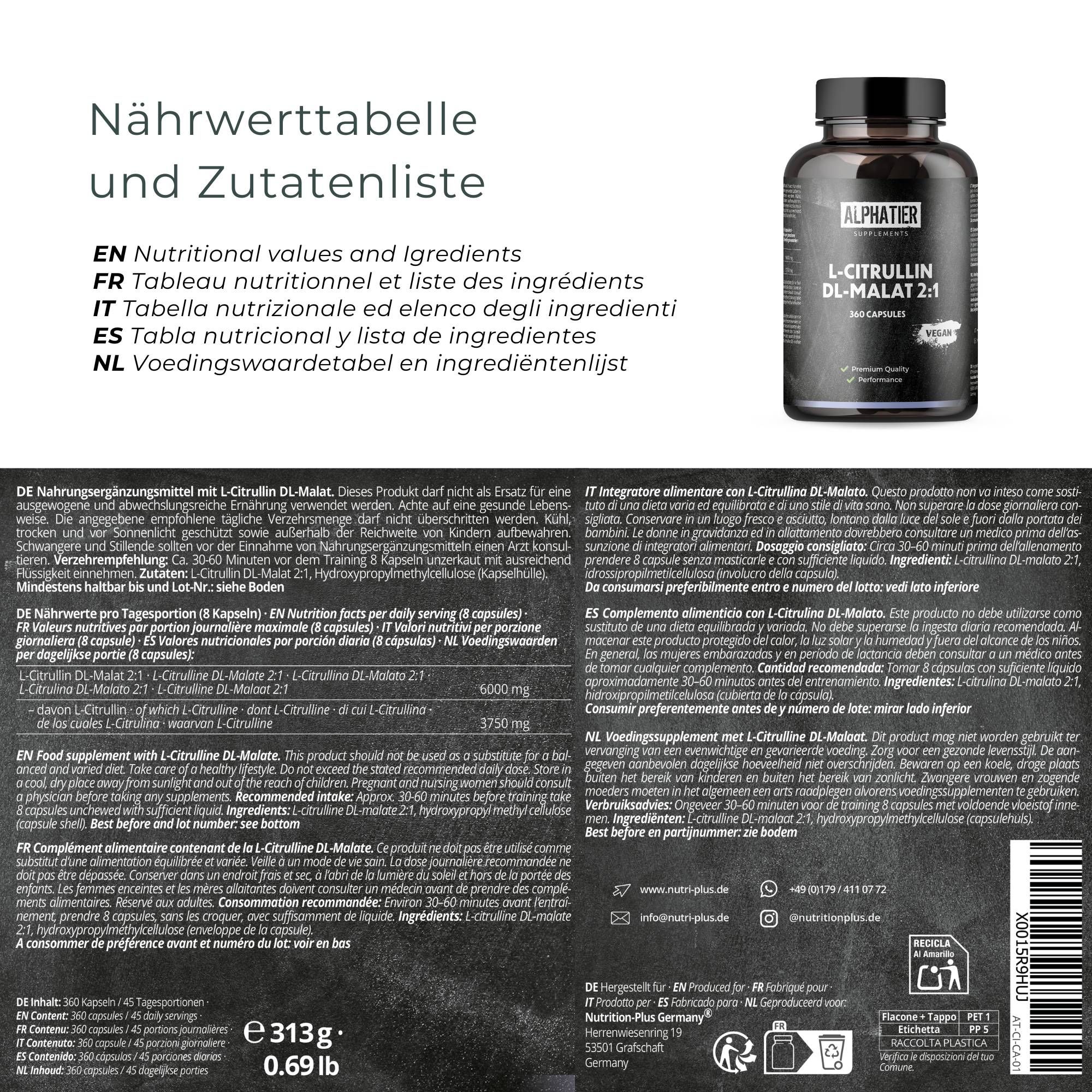 Nährwerttabelle und Zutatenliste in Deutsch, Englisch, Italienisch und Niederländisch. Flasche mit Kapseln.