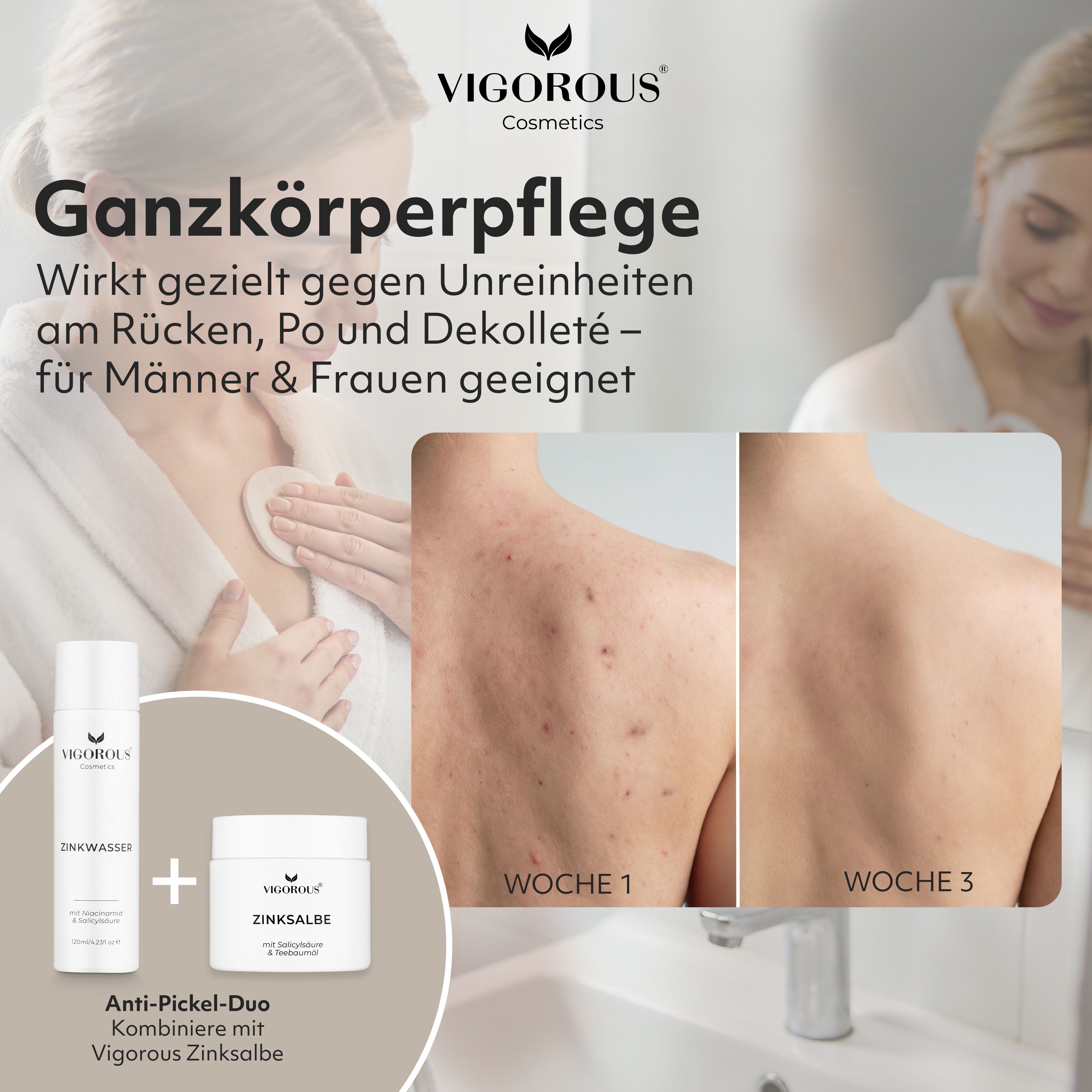 Zwei Produkte: Zinkwasser und Zinksalbe. Text: Anti-Pickel-Duo. Frau benutzt Wattepad. Rückansicht: Haut mit Pickeln, dann verbessert.