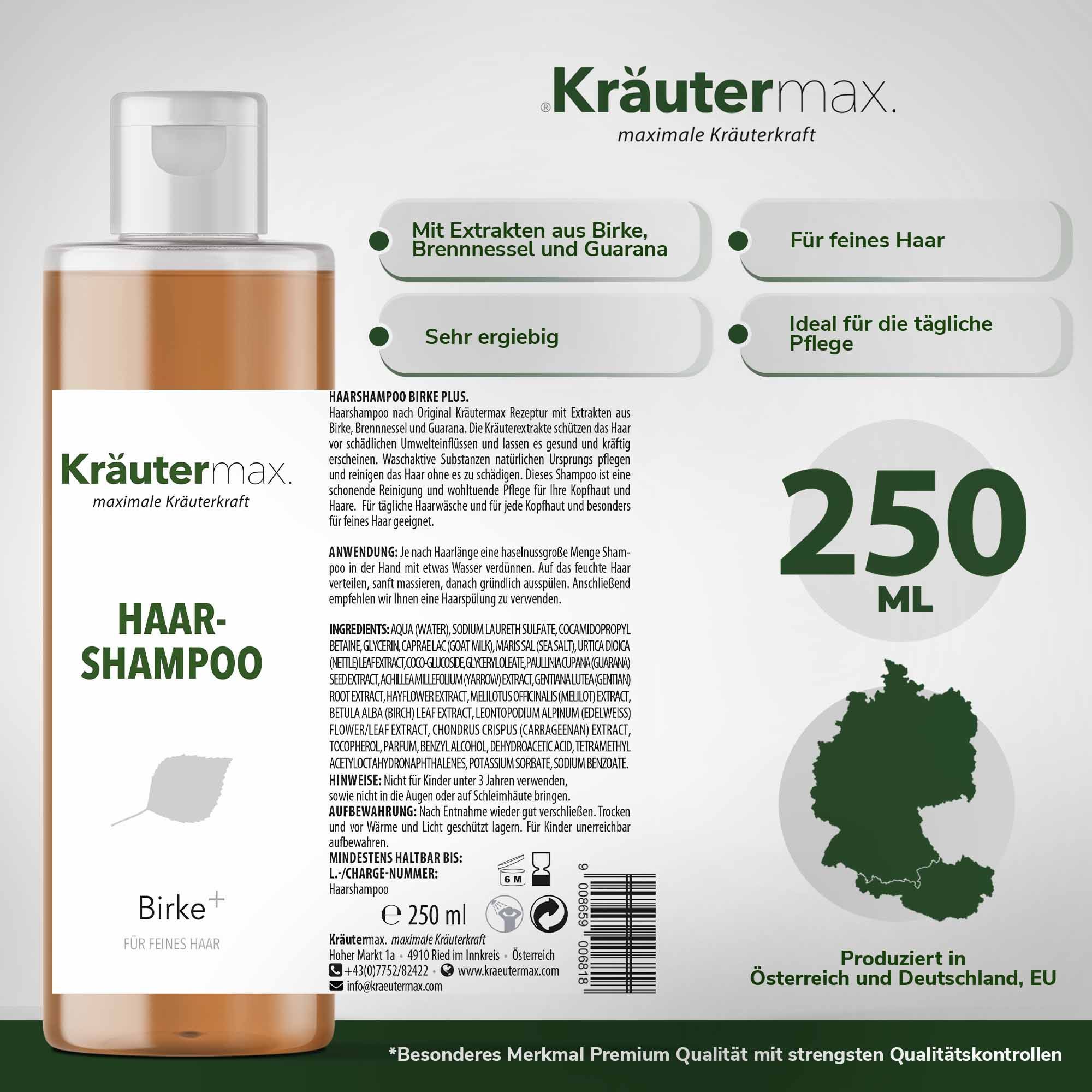 Rechteckige Flasche mit brauner Flüssigkeit und weißem Deckel. Etikett mit Schriftzug Haar-Shampoo, Birke+ und Blatt. Text und 250 ml.