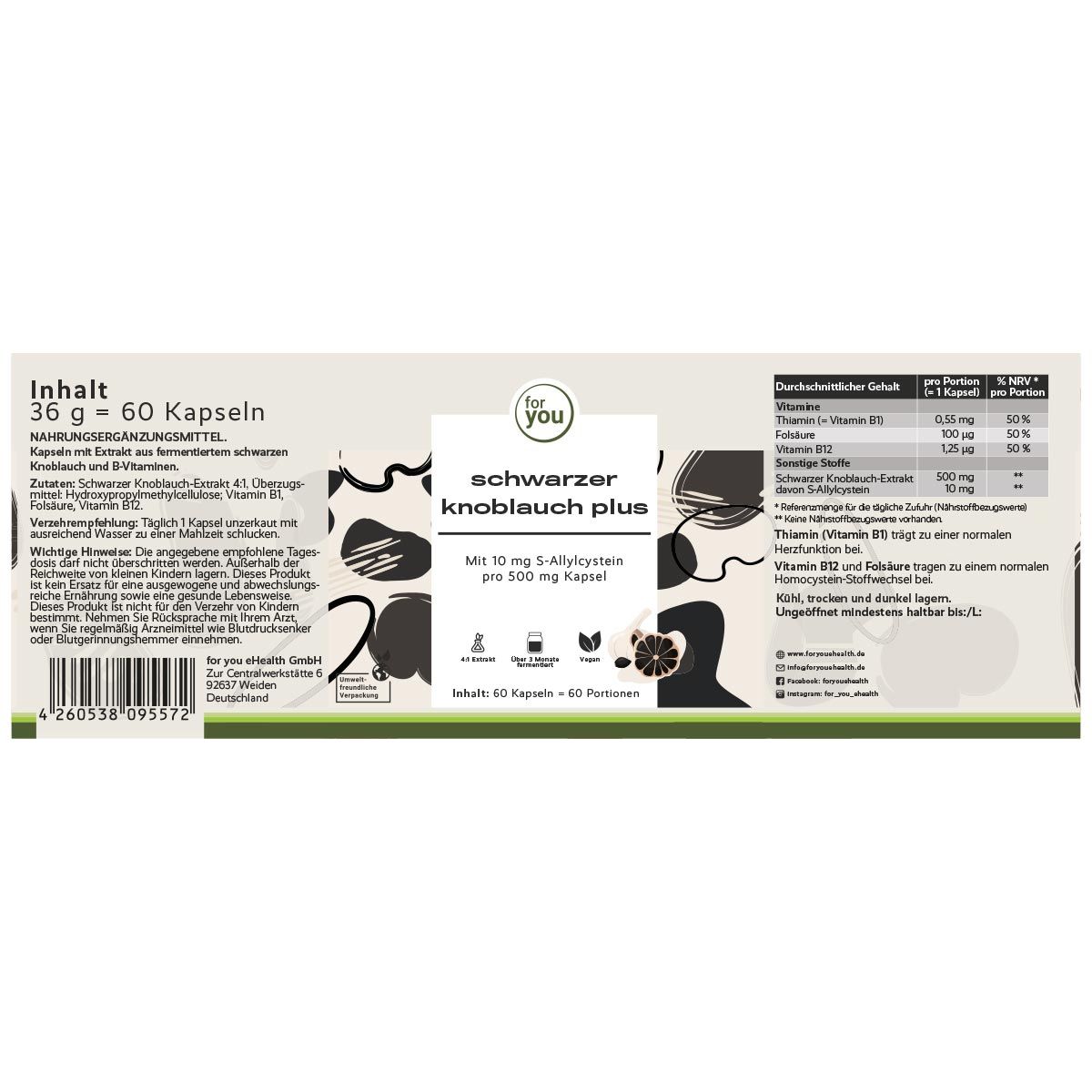 Produktverpackung mit Produktname: Schwarzer Knoblauch Plus. Enthält 60 Kapseln. Nährwertangaben und Inhaltsstoffe.