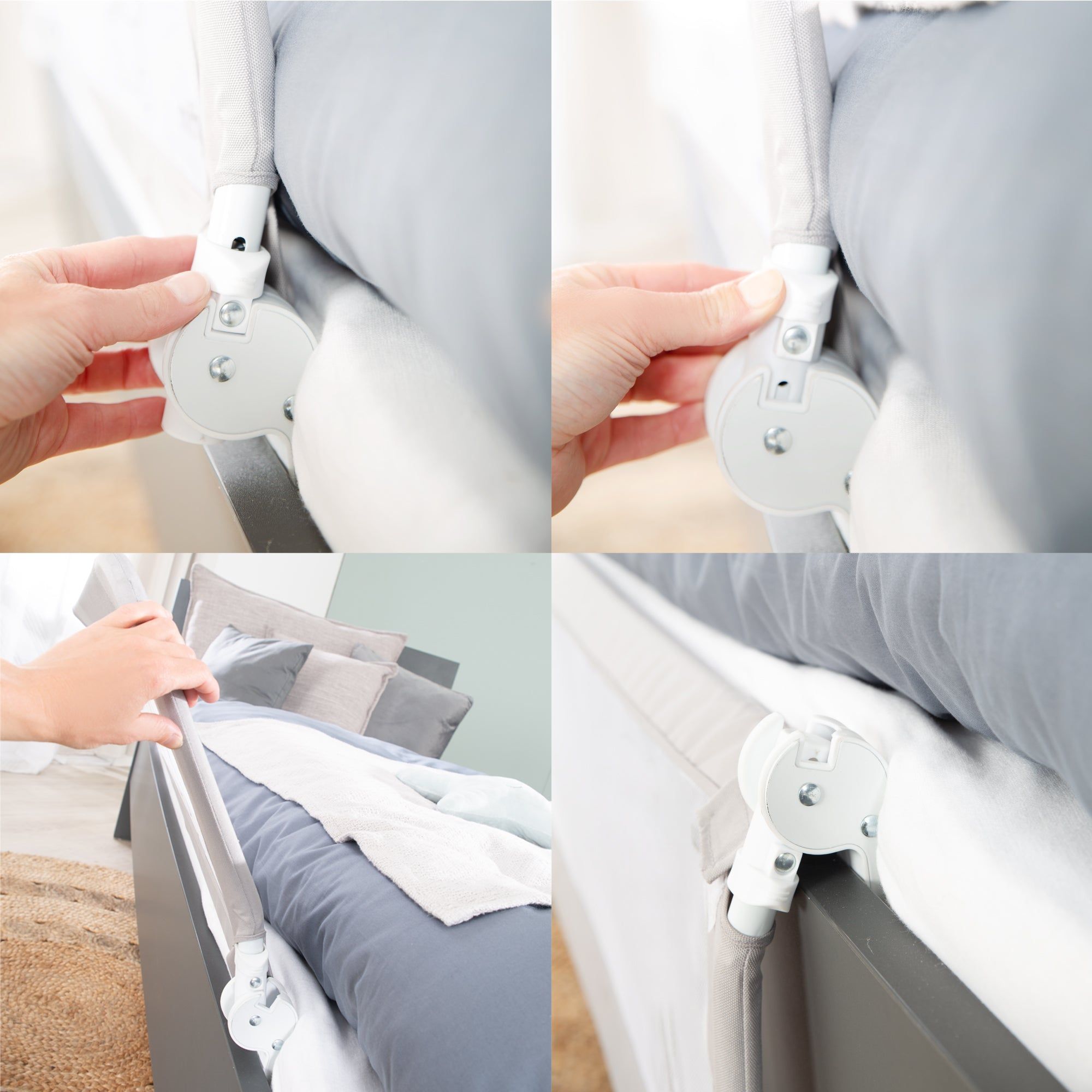 Montage des Bettgitters. Mehrere Bilder zeigen die Befestigung des Gitters am Bett.