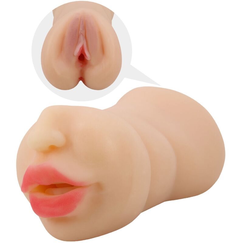 Stimulator mit Gesicht. Hautfarbenes Material. Mund mit roten Lippen. Zusätzliche Nahaufnahme.