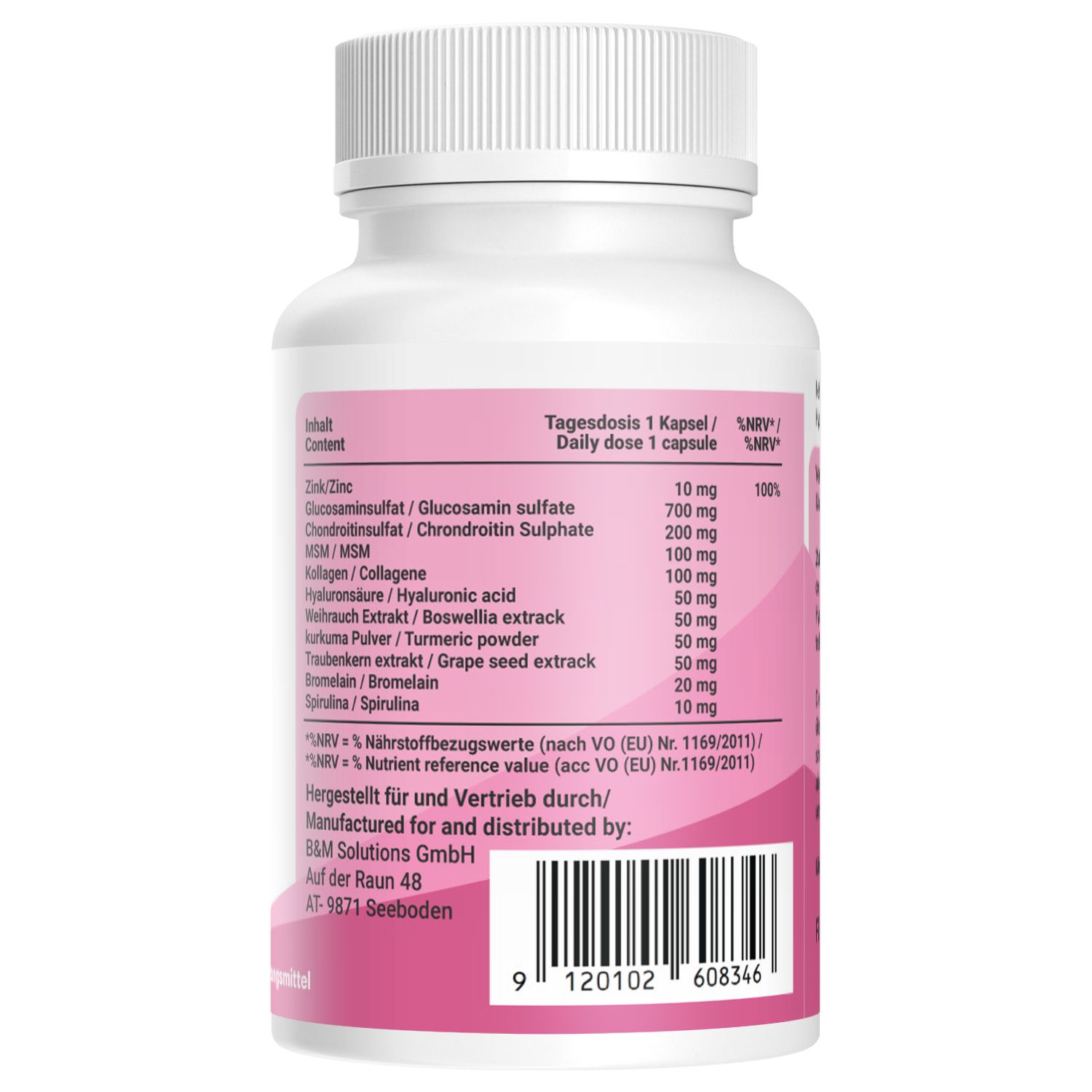 Weiße Flasche mit rosa Etikett. Text: Tagesdosis, Inhaltsstoffe, Nährwertangaben, Herstellerinformationen, Barcode.