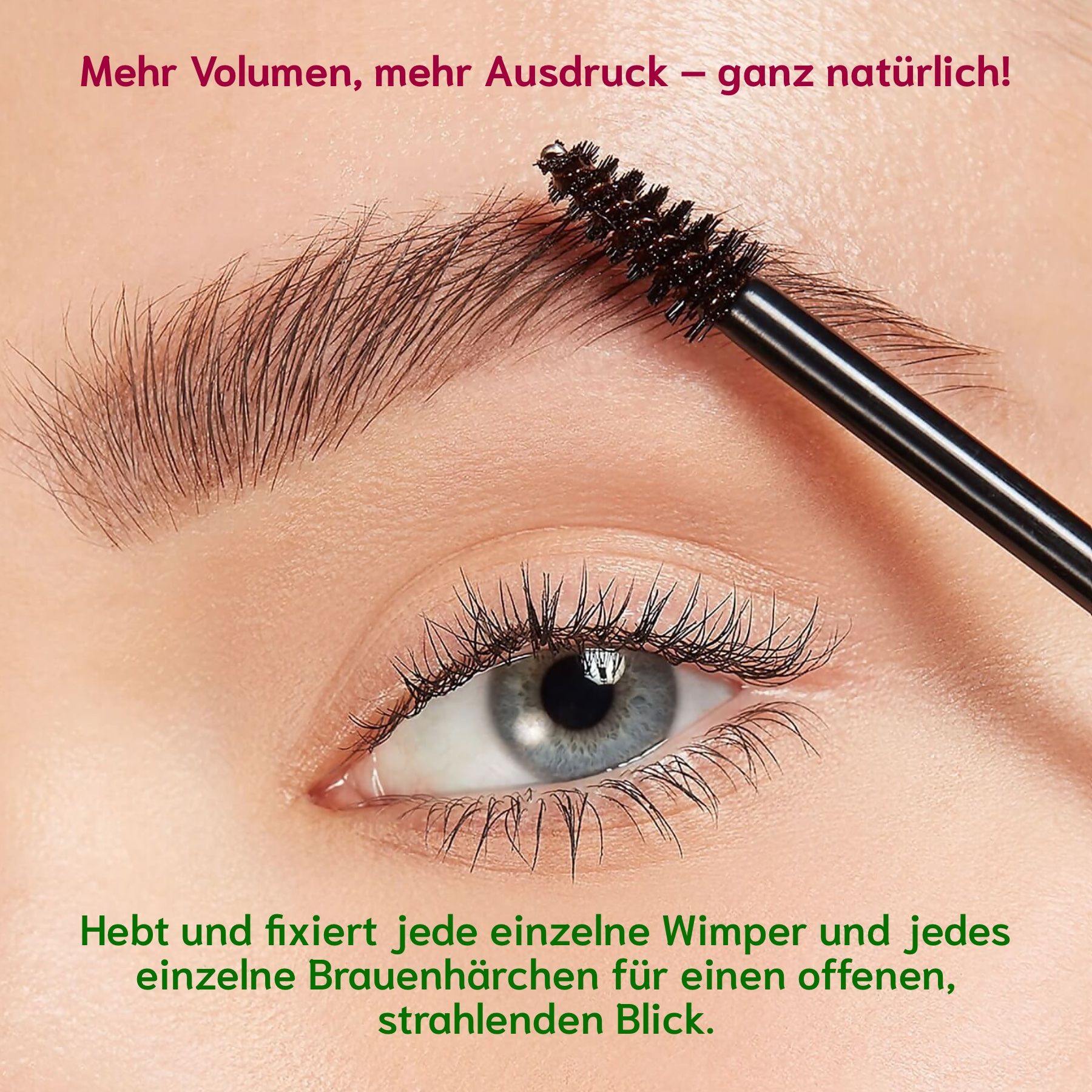 Nahaufnahme eines Auges mit Wimpern und Augenbrauen. Eine Augenbrauenbürste wird verwendet.