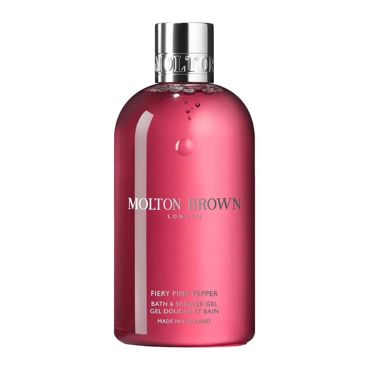 Molton Brown Duschgel in Pink Pepper, klare rosa Flüssigkeit in einer transparenten Flasche mit silbernem Verschluss.