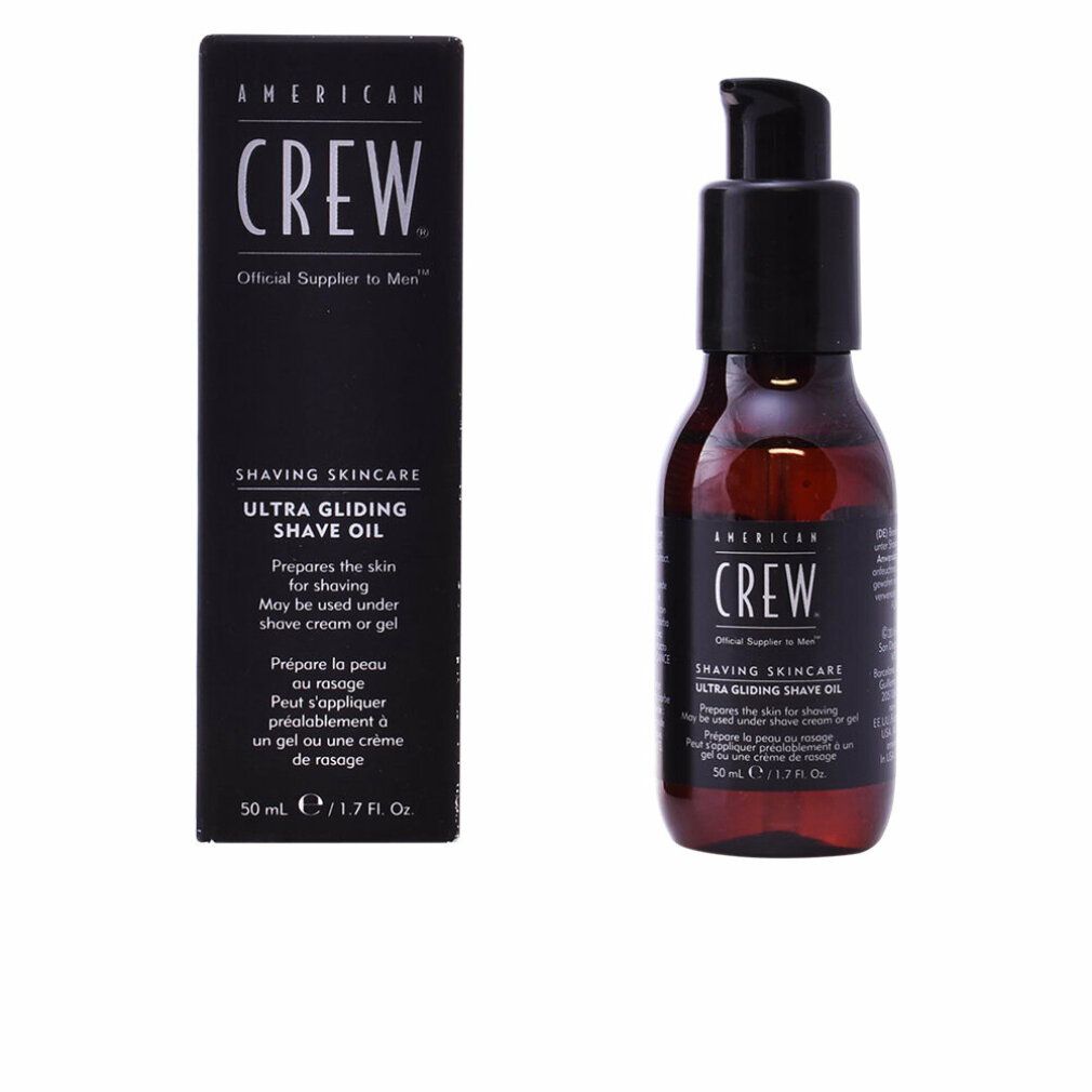 Braune Flasche mit schwarzem Pumpkopf und Karton. Aufschrift: Ultra Gliding Shave Oil. 50 ml.