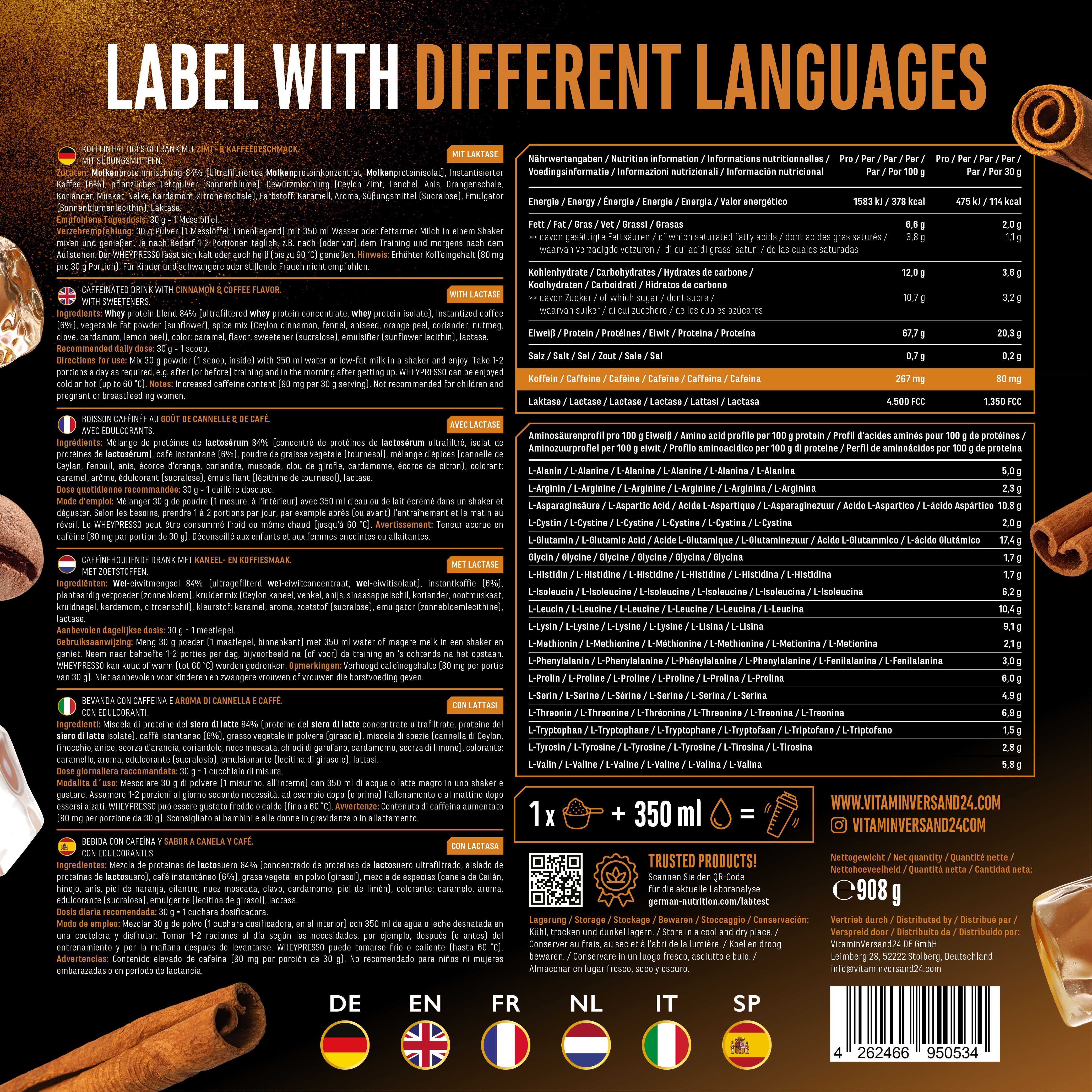 Rückseite der Wheypresso Protein Coffee Verpackung. Text in verschiedenen Sprachen. Nährwertangaben und Zutaten.