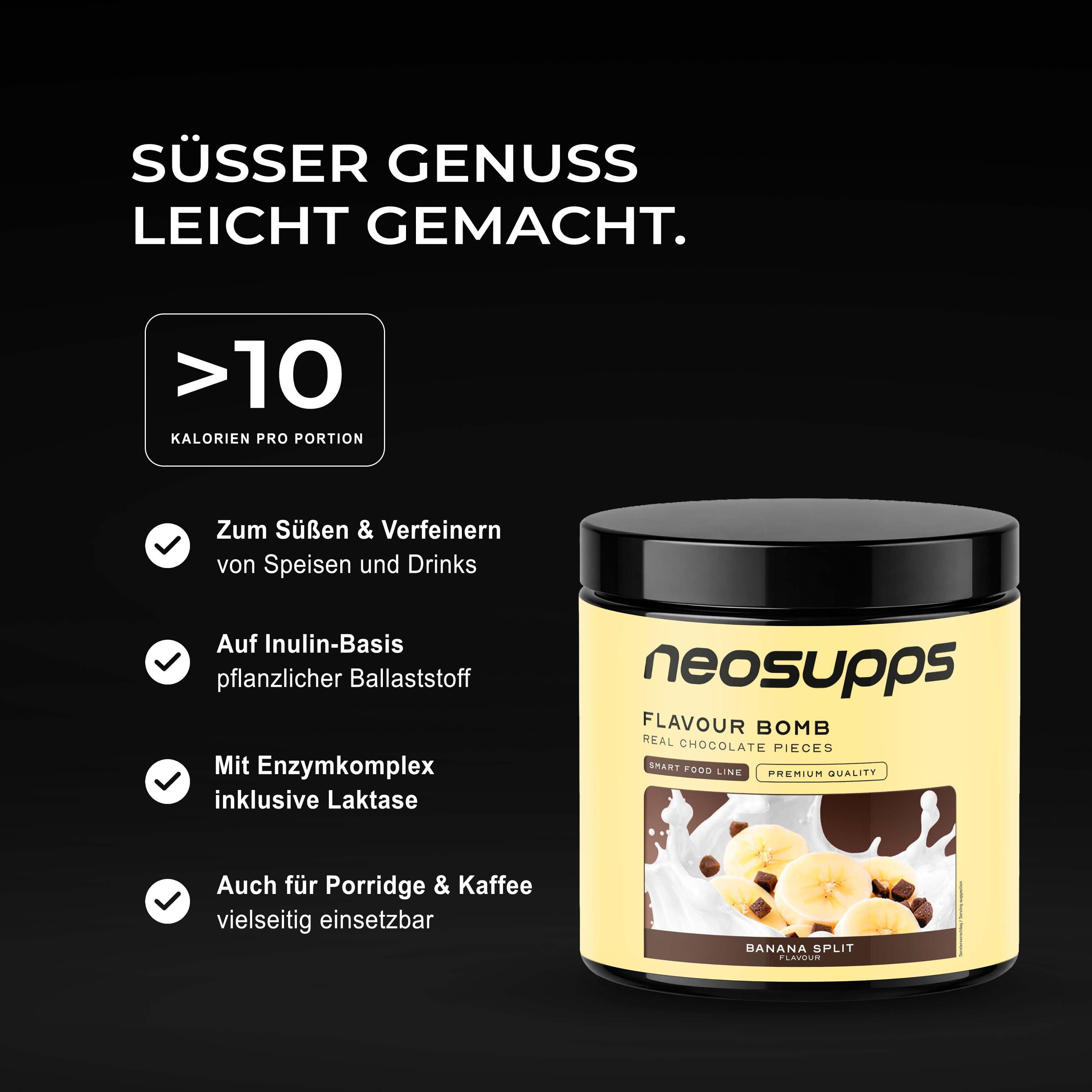 Neosupps Flavour Bomb Banana Split Pulver mit Schokostückchen.
