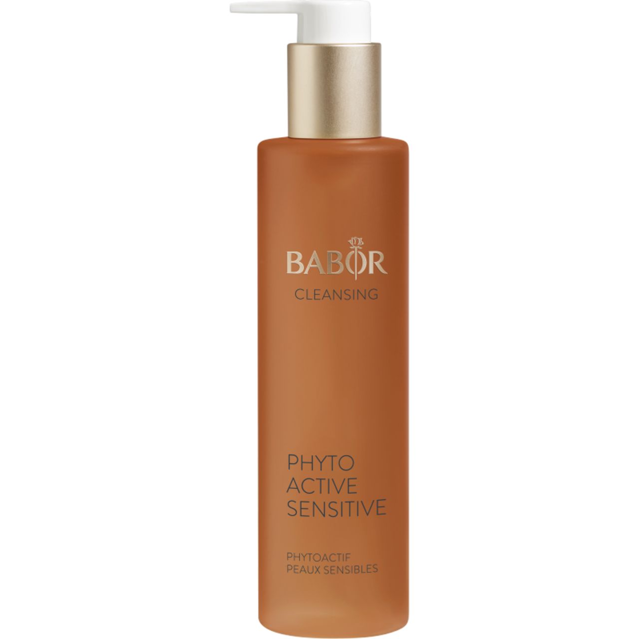 Babor Cleansing Phytoactive Sensitive. Braune Flasche mit Dosierpumpe. Weißer Schriftzug und Logo. Produktbezeichnung.