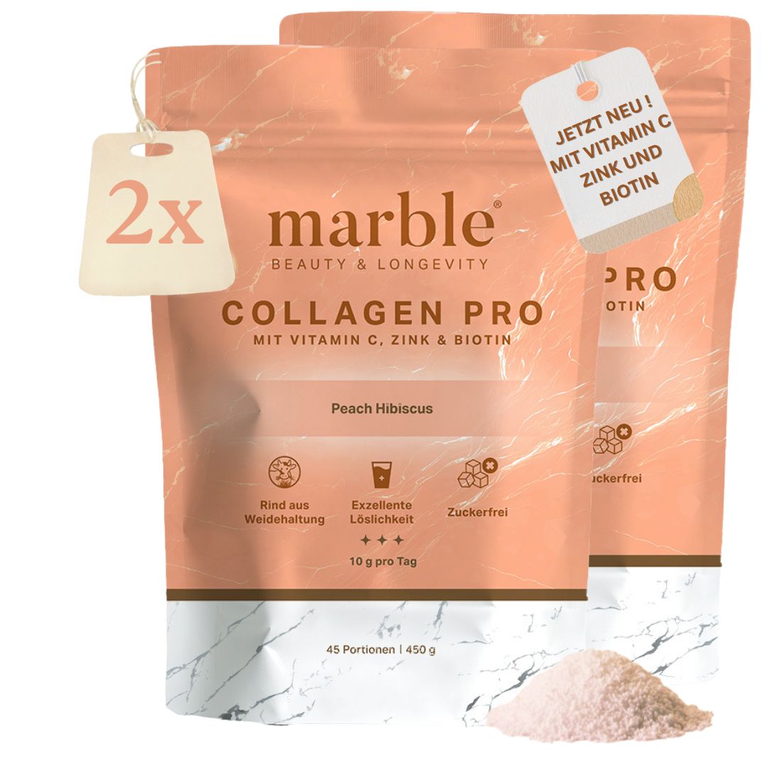 Zwei marble© Collagen Pro Beutel. Mit Vitamin C, Zink & Biotin. 45 Portionen, 450g.