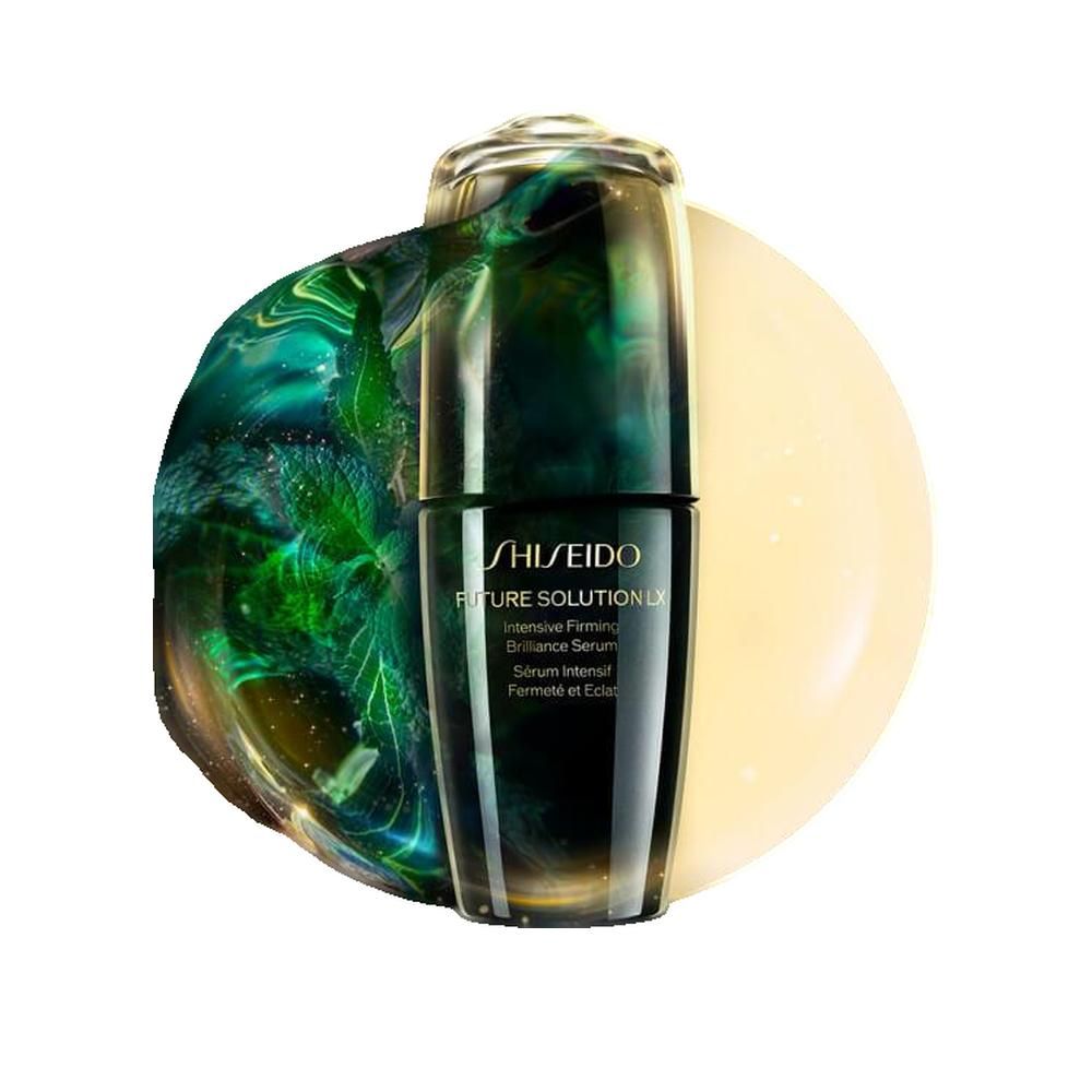Schwarze Flasche mit grünem Deckel. Schriftzug: Shiseido Future Solution LX, Intensive Firming Brilliance Serum.