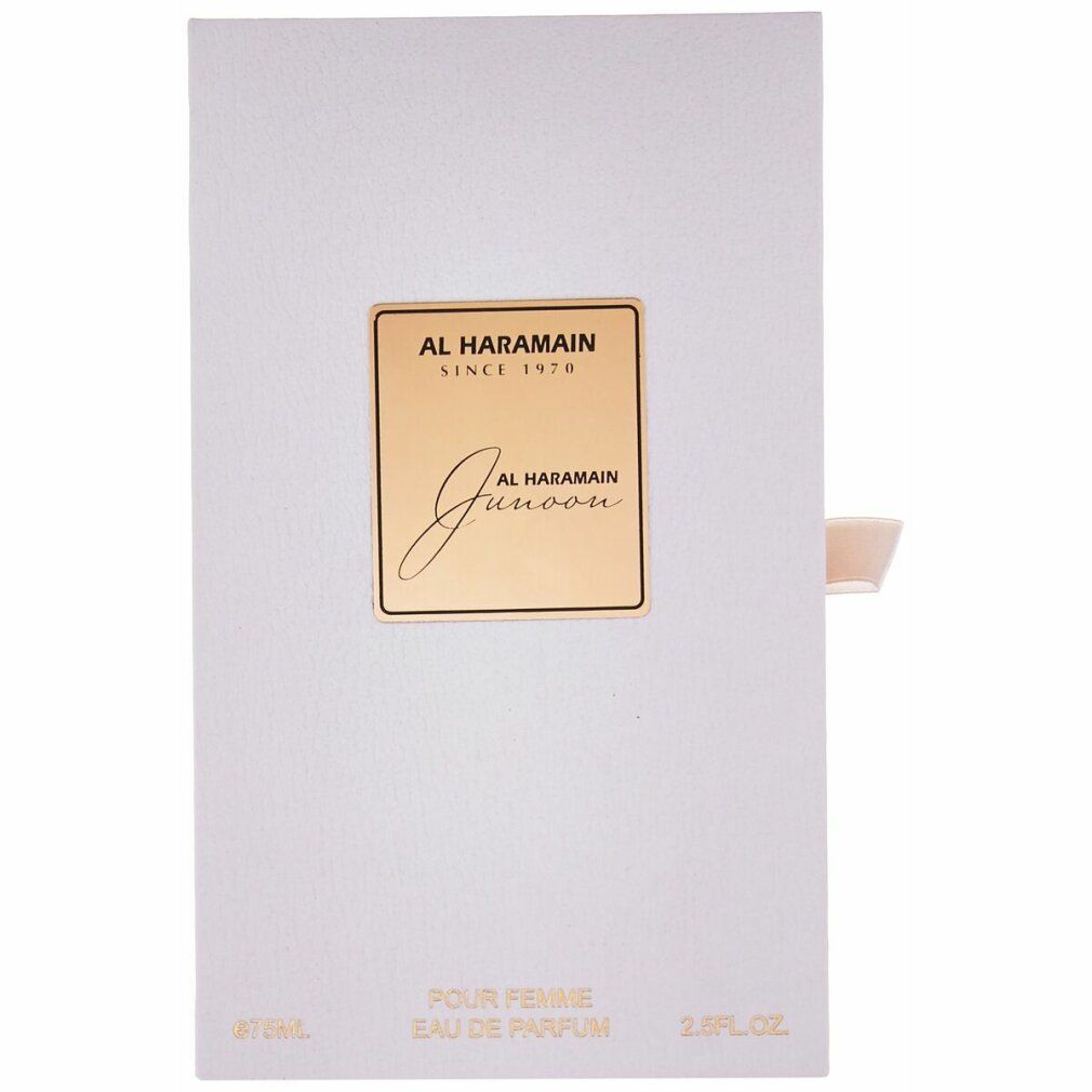Weiße Verpackung mit goldfarbenem quadratischem Etikett. Darauf steht "AL HARAMAIN" und "Junoon".