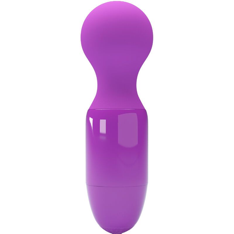 Lila Massagegerät mit kugelförmigem Kopf und gerilltem Knopf.