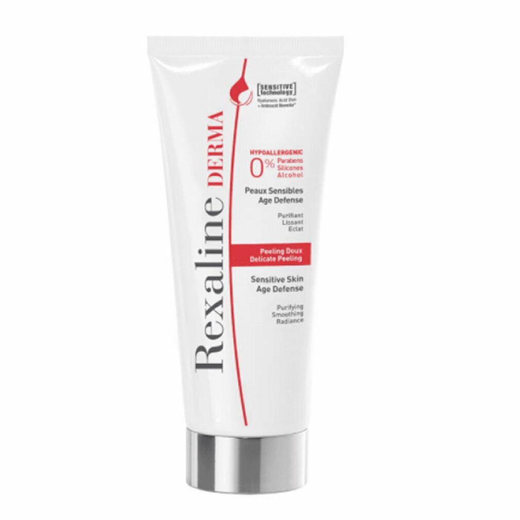 Weiße Tube mit silbernem Verschluss. Aufschrift: Rexaline Derma. Für empfindliche Haut. Hypoallergen. Peeling Doux. Age Defense.
