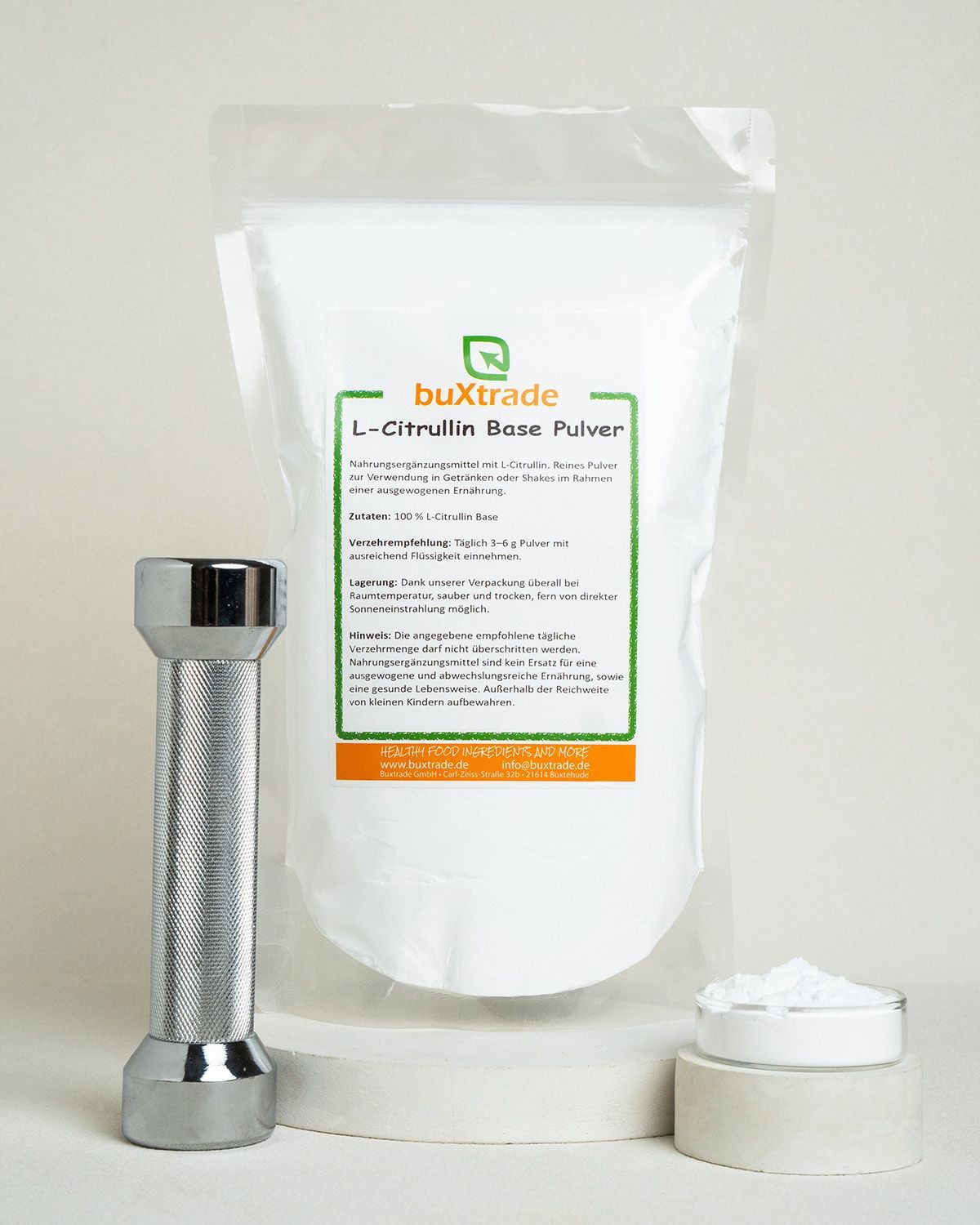 buXtrade L-Citrullin Base Pulver mit Hantel und kleiner Schale Pulver.