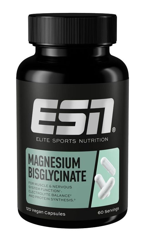 Schwarze Flasche mit ESN Magnesium Bisglycinate. 120 vegane Kapseln. 60 Portionen. Abbildung von Kapseln.