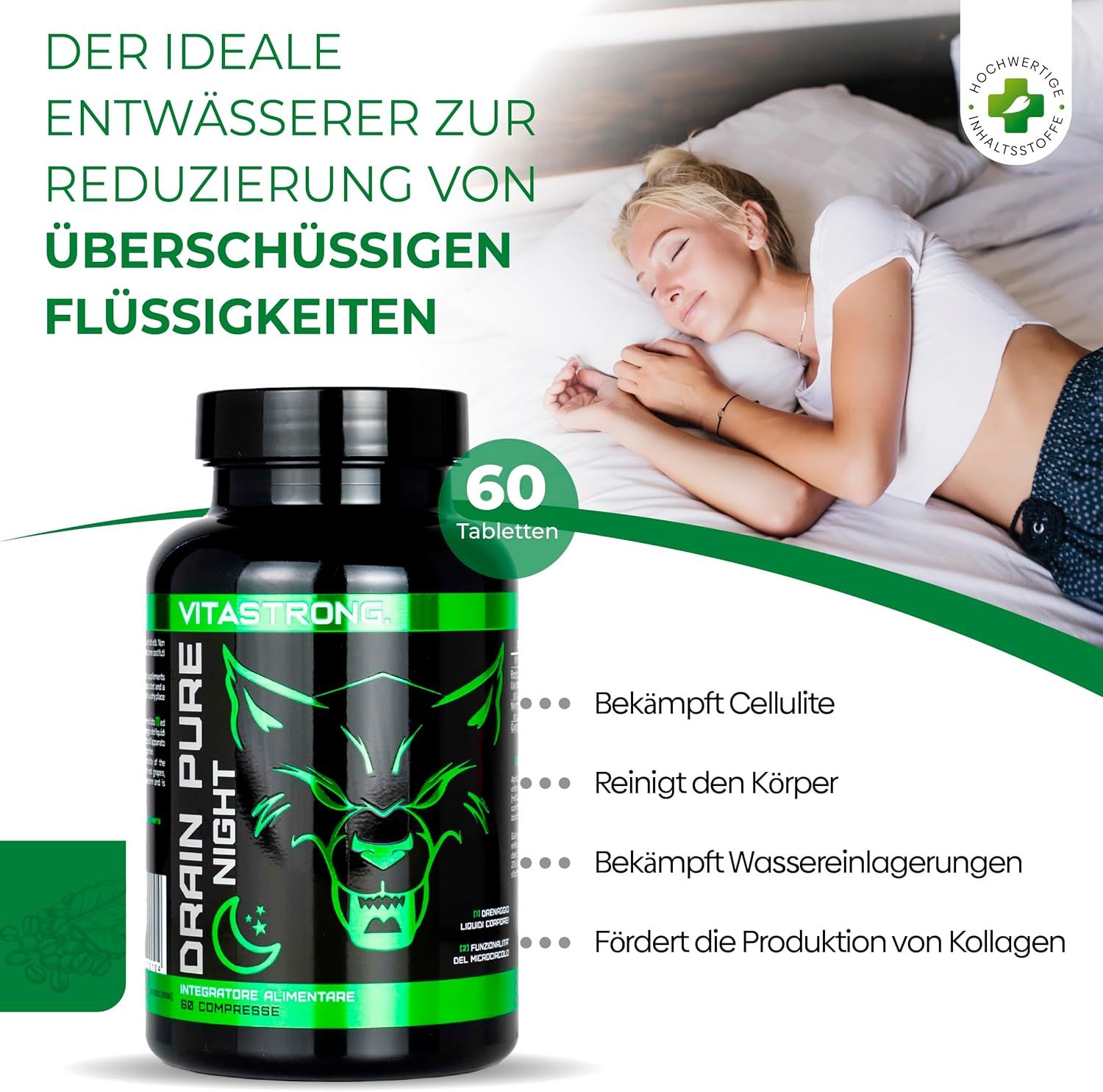 Vitastrong Drainpure Night. Flasche mit 60 Tabletten. Text: Reduzierung von überschüssigen Flüssigkeiten. Bekämpft Cellulite.