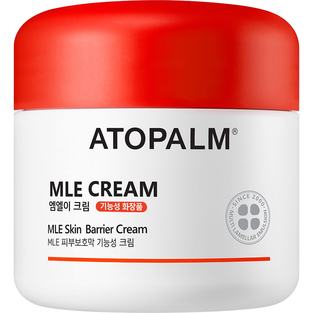 Weißer Tiegel mit rotem Deckel. Aufschrift ATOPALM, MLE CREAM, MLE Skin Barrier Cream. Seit 2000.