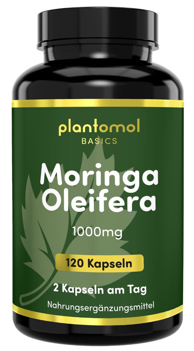 Schwarze Flasche mit grünem Etikett. Aufschrift: plantomol Basics, Moringa Oleifera, 1000mg, 120 Kapseln, Nahrungsergänzungsmittel.