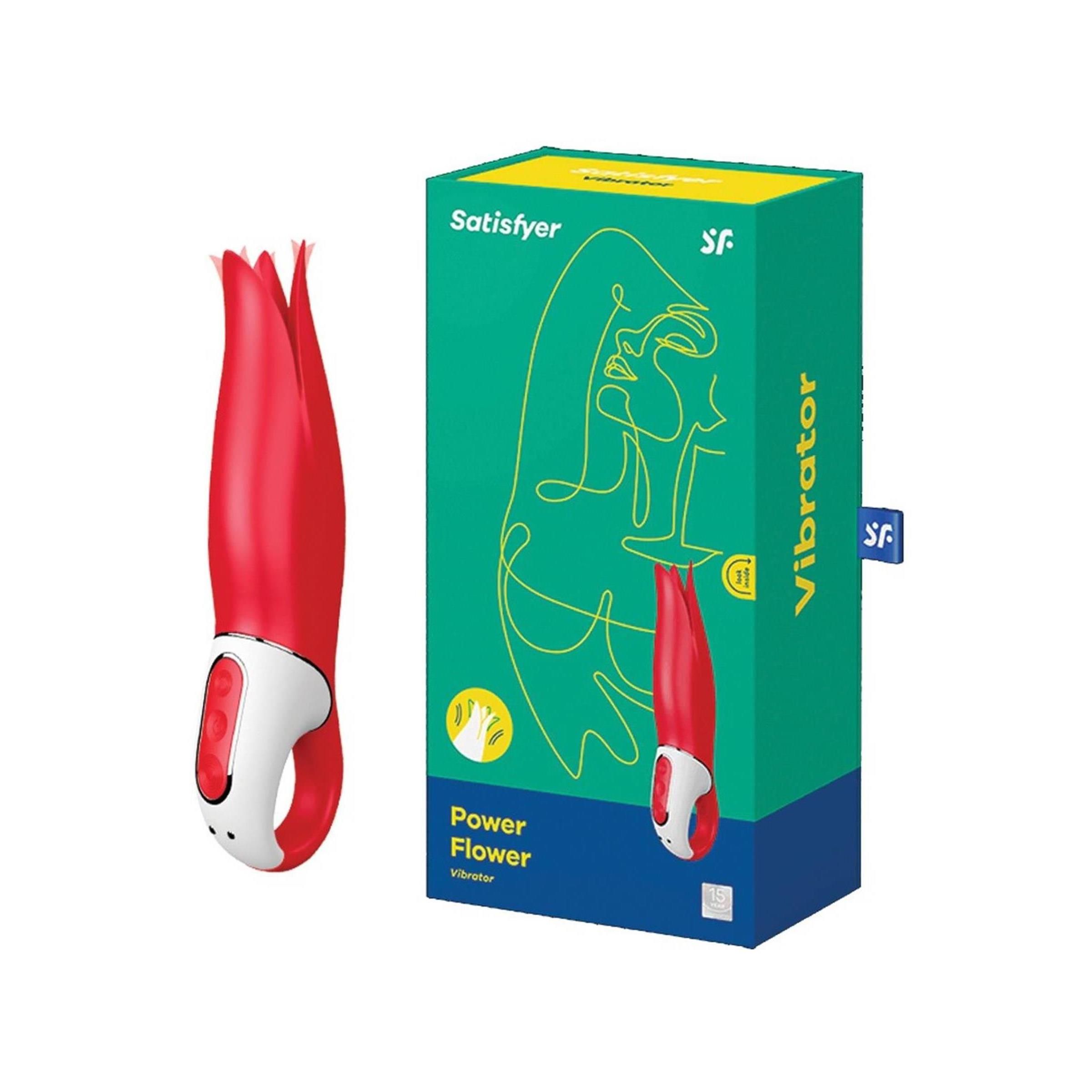 Roter Vibrator mit weißem Griff und Blütenblatt-Spitze, neben einer Verpackung mit dem Produktnamen 'Power Flower Vibrator'.