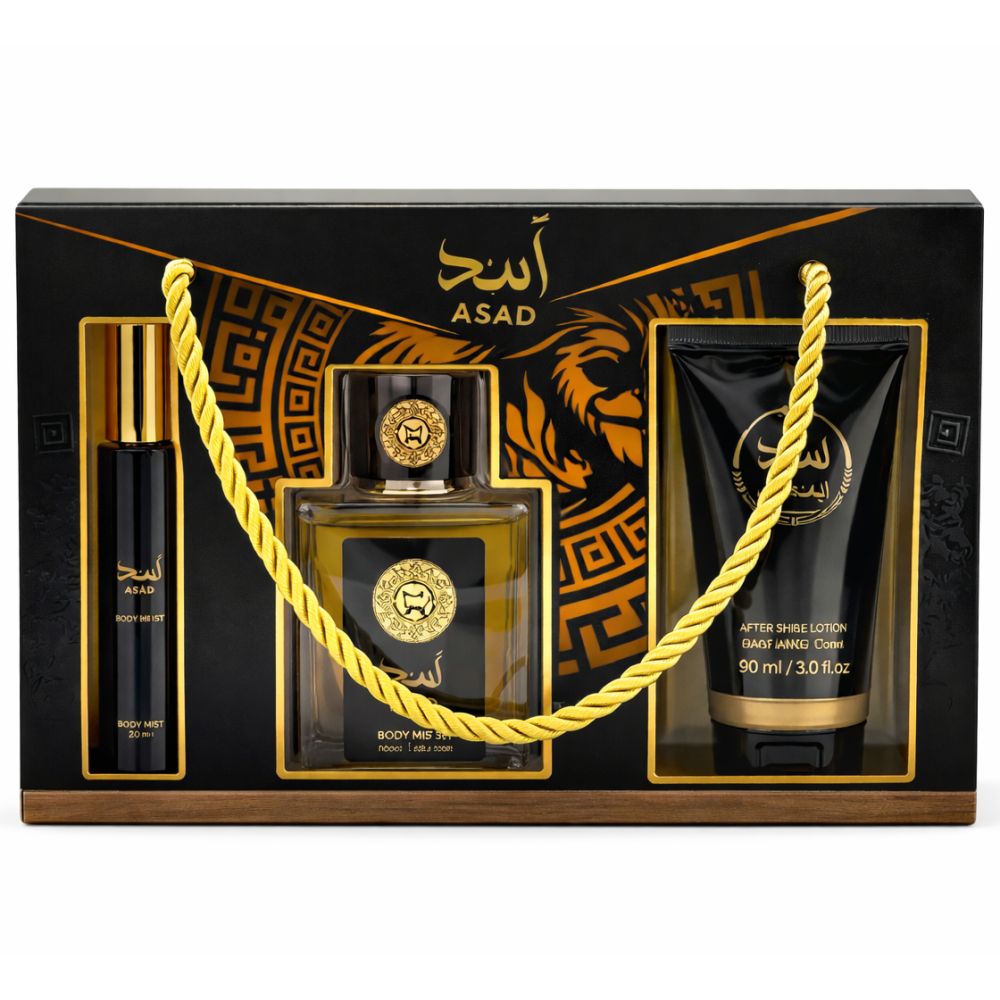 Geschenkset mit Duftspray, Aftershave-Lotion und Parfümflasche. Schwarze Verpackung mit goldenen Akzenten und Tragegriff.