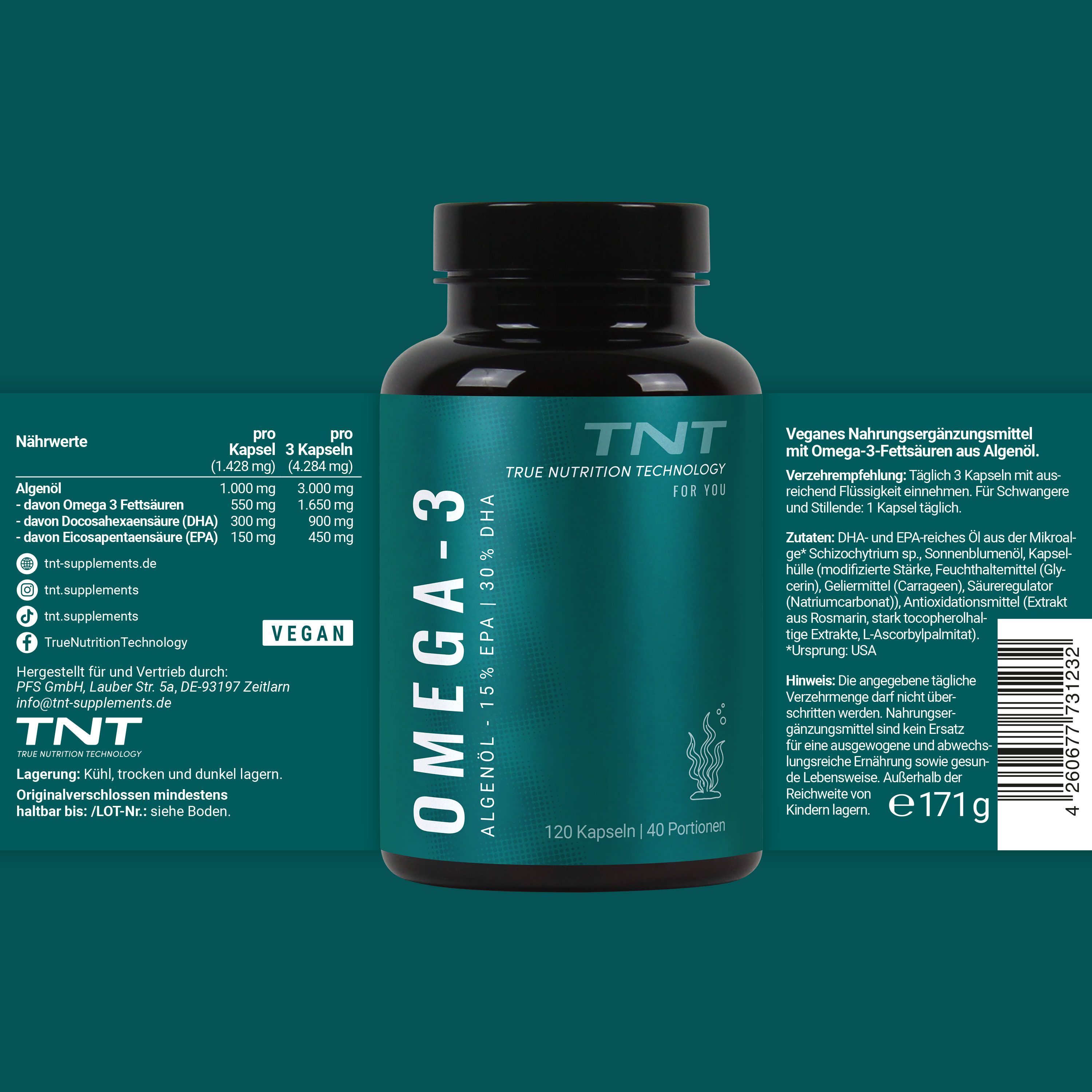 Rückseite einer Flasche TNT Omega-3 Algenöl Kapseln mit Nährwertangaben und Siegeln.