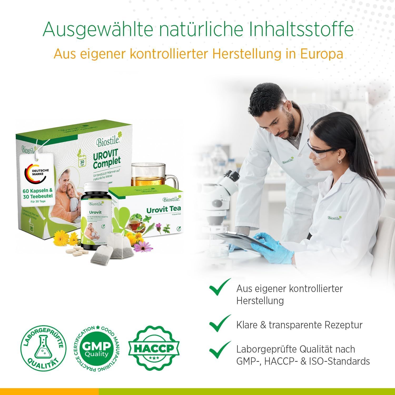 Biostile Urovit Komplett Set mit Laboranten, Kapseln, Tee und Qualitätszertifikaten.