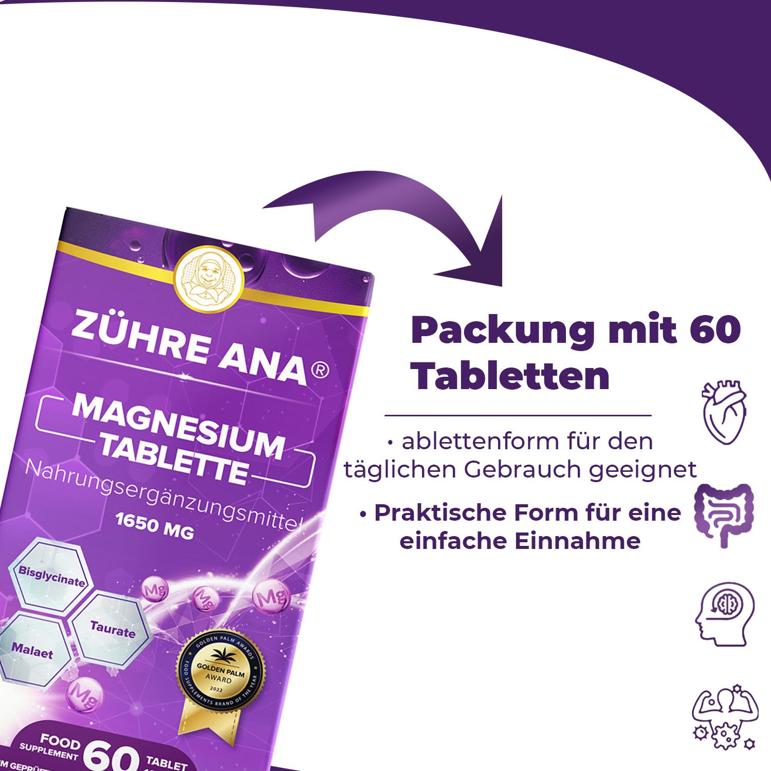 Zühre Ana Magnesium Tabletten: Kartonverpackung mit 60 Tabletten, geeignet für den täglichen Gebrauch.