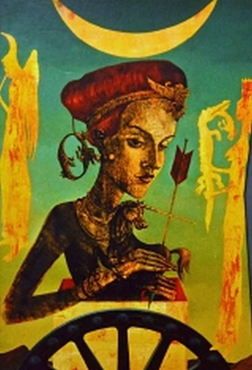 Illustration einer Frau mit Pfeil und Einhorn. Halbmond im Hintergrund. Kunstwerk mit dunklen Farben.