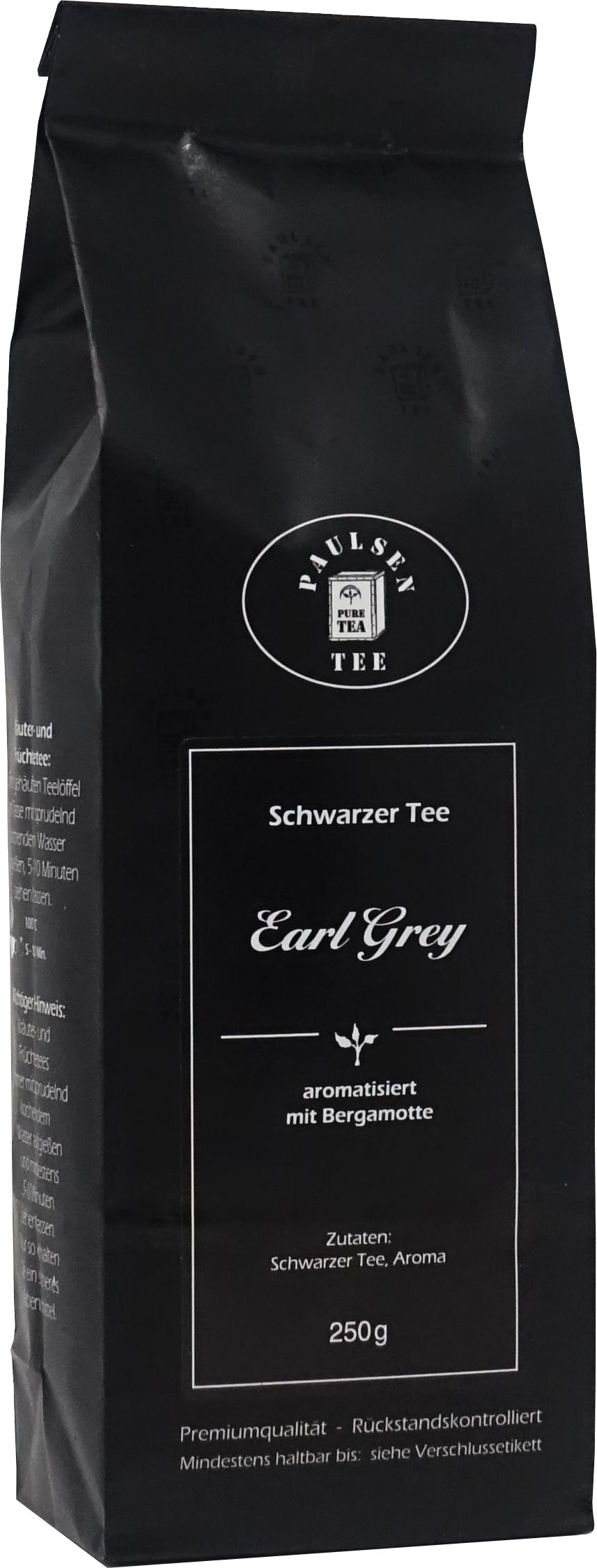 Schwarzer Tee Earl Grey in schwarzer Verpackung. Text: Paulsen Tee, aromatisiert mit Bergamotte, 250g.