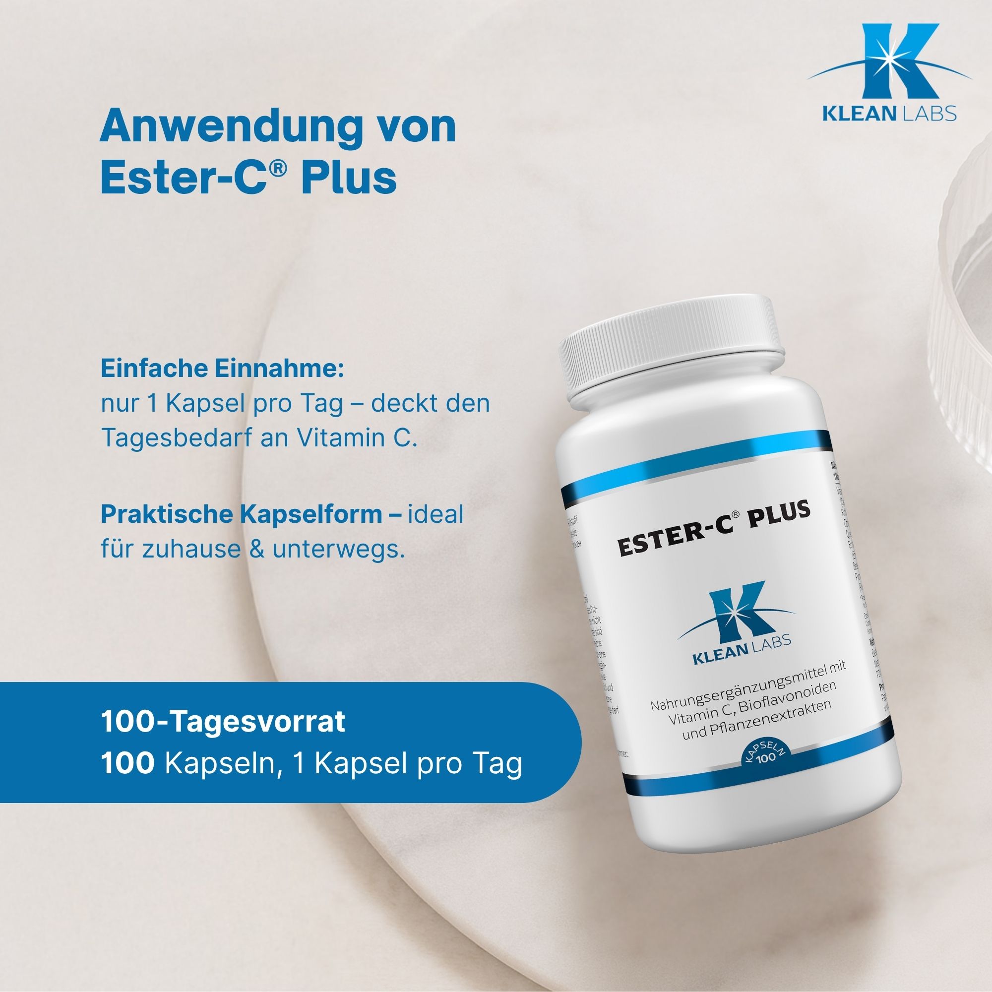 Weiße Flasche ESTER-C PLUS neben Infografik. Anwendung: 1 Kapsel täglich. Praktische Kapselform.