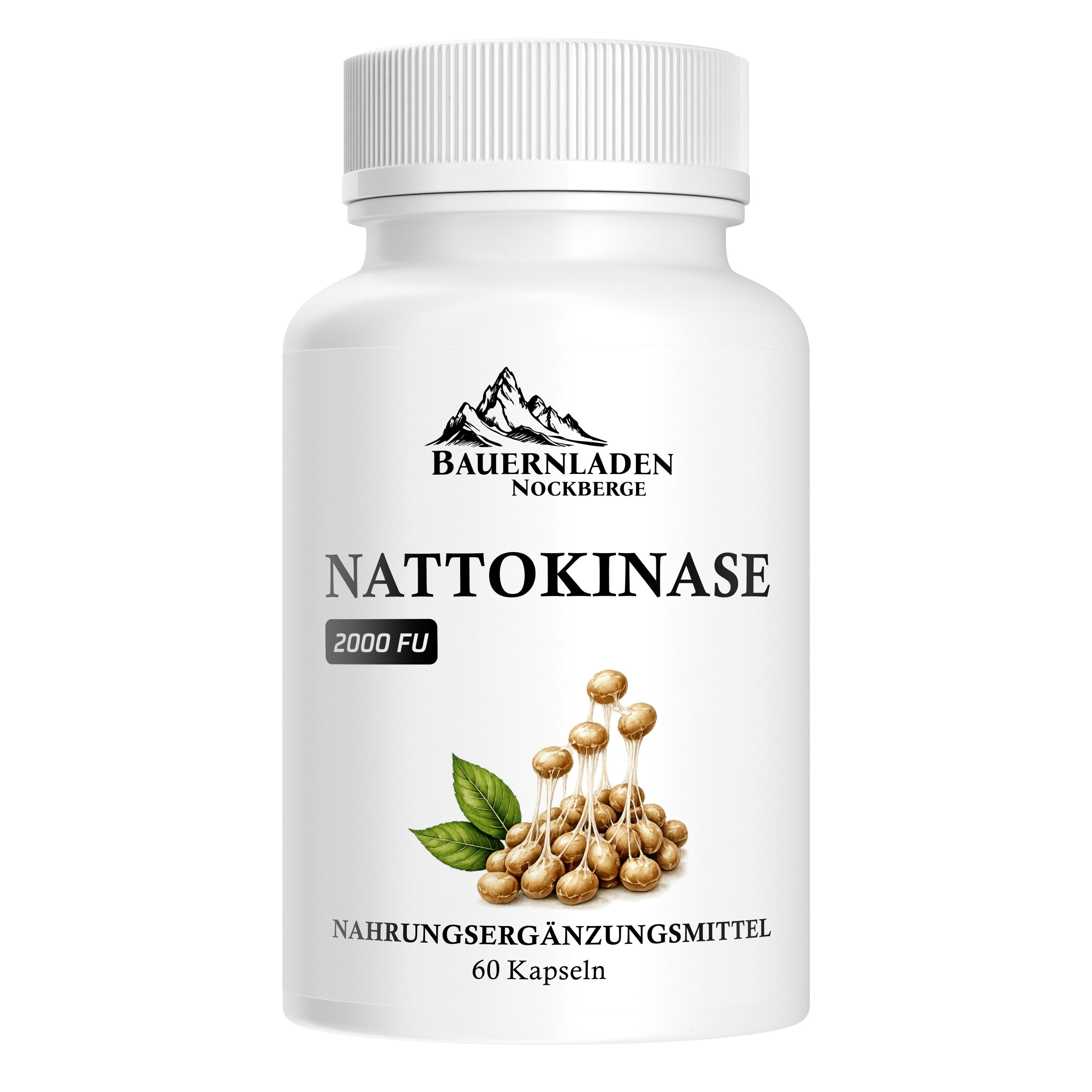 Flasche mit Nattokinase-Kapseln, mit Berg-Logo und Sojabohnen-Illustration.