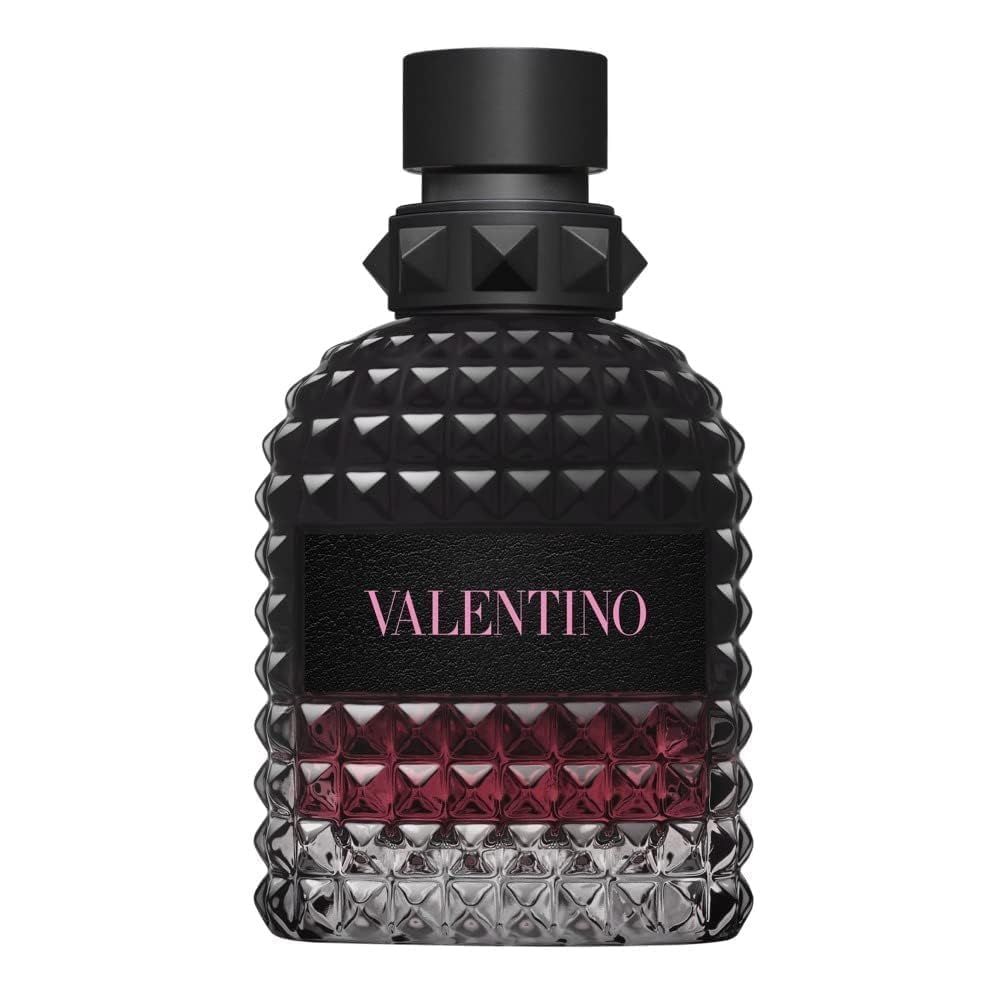 Schwarzer Flakon mit pyramidenförmigem Design. Aufschrift: VALENTINO. Roter und silberner Farbverlauf.