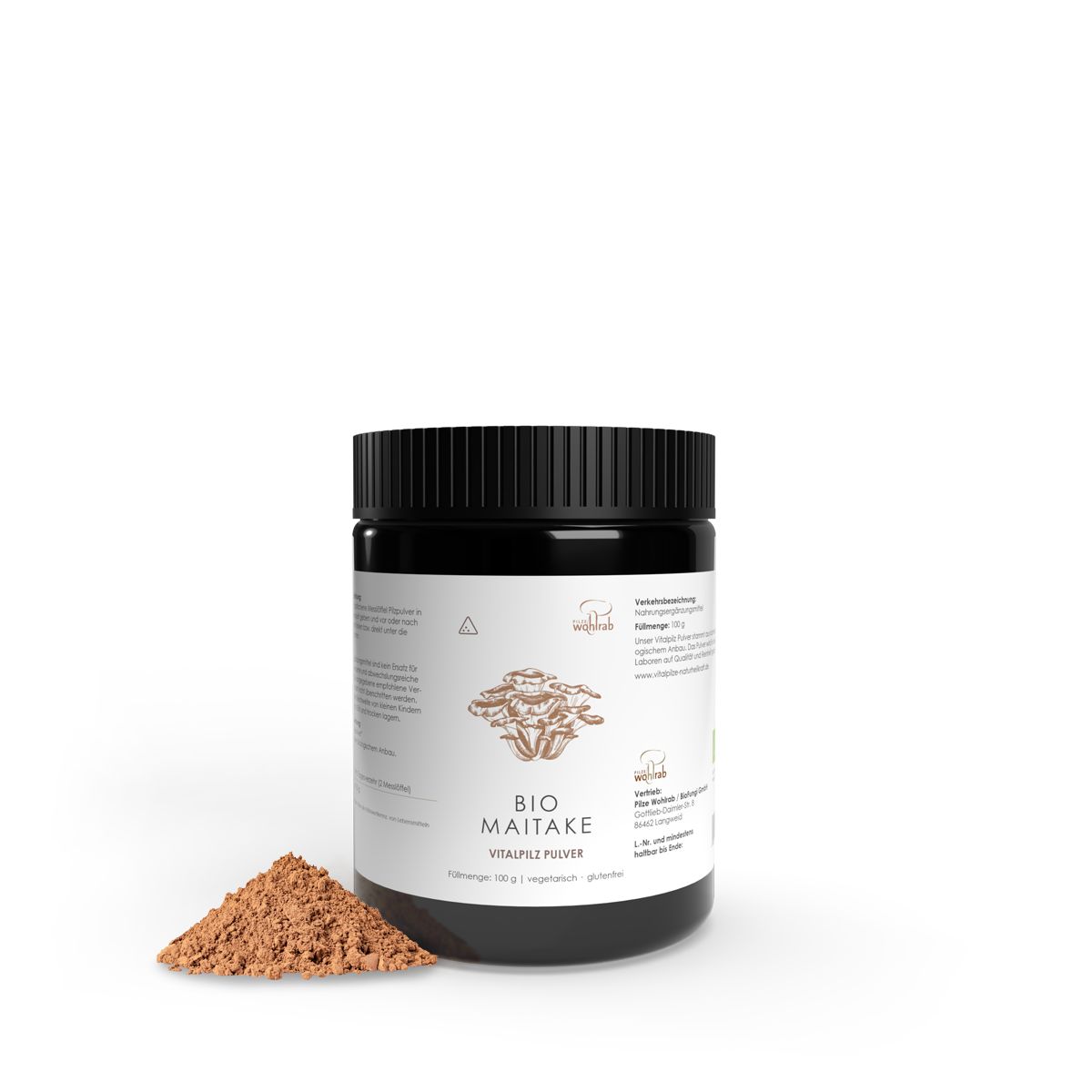Schwarze Dose mit BIO Maitake Pulver und braunem Pulver daneben. Aufschrift: BIO Maitake Vitalpilz Pulver.