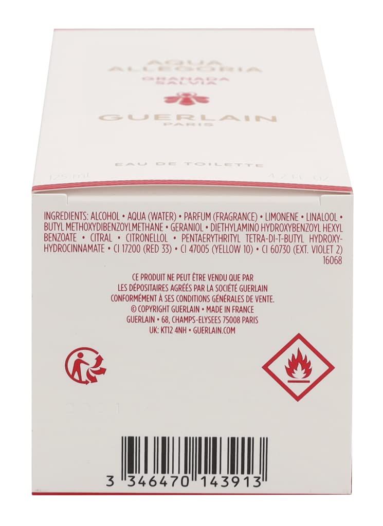 Verpackung. Aqua Allegoria. Guerlain. Inhaltsstoffe. Barcode. Warnhinweis. Text in Französisch.