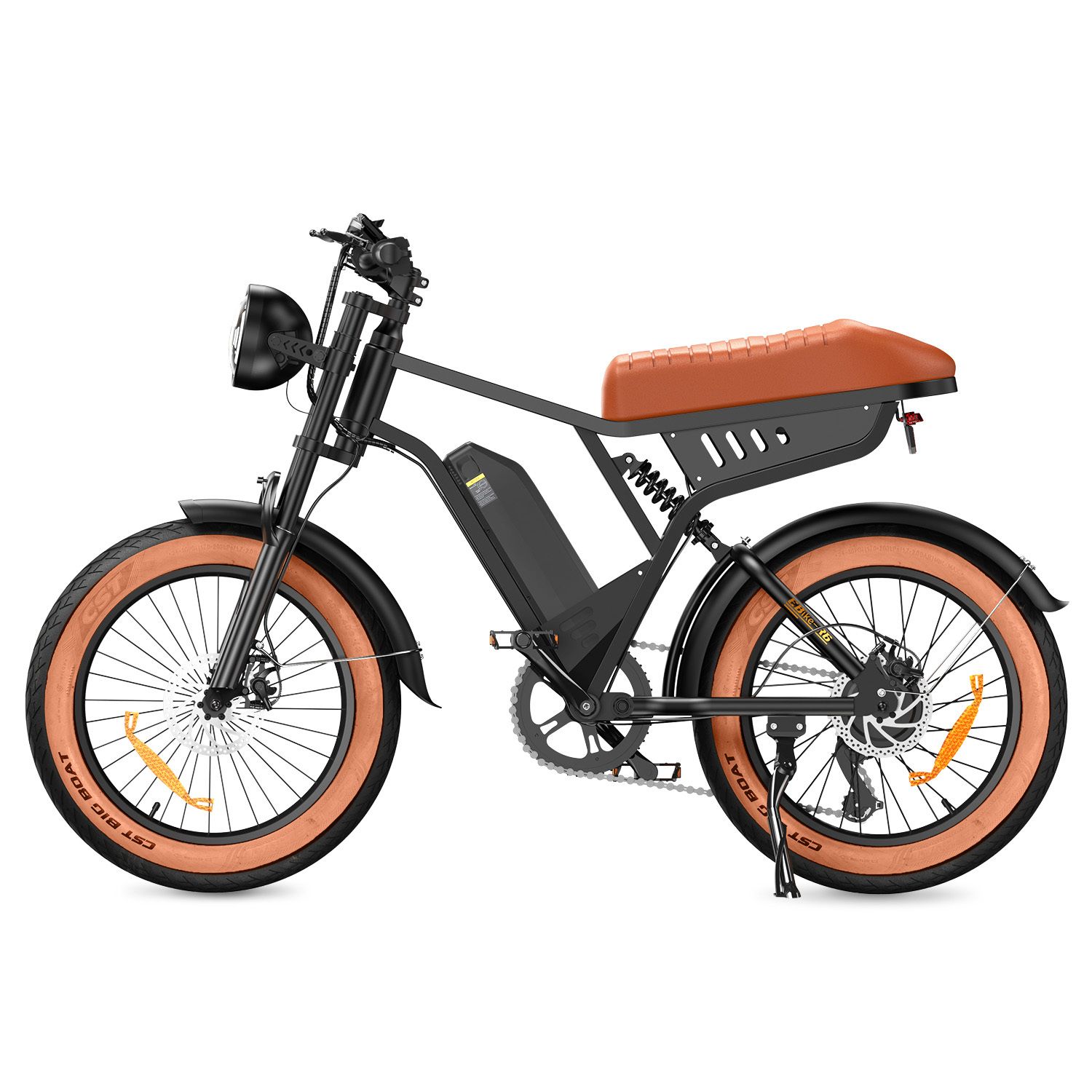 Schwarzes E-Bike mit braunem Sattel und Reifen. Große Reifen, Scheinwerfer und Batterie.
