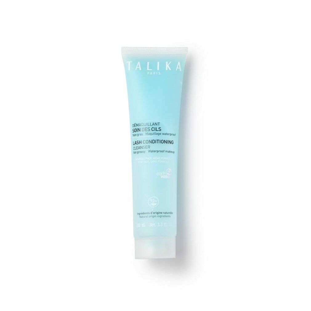 Hellblaue Tube mit Produktinformationen. Aufschrift: TALIKA PARIS, DEMMAQUILLANT SOIN DES CILS, LASH CONDITIONING CLEANSER.