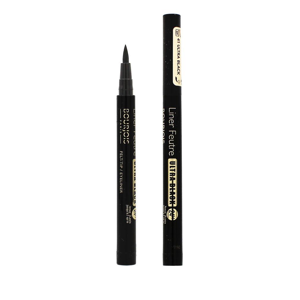 Schwarzer Eyeliner-Stift mit Kappe. Aufschrift: Liner Feutre Ultra Black. Spitze sichtbar.