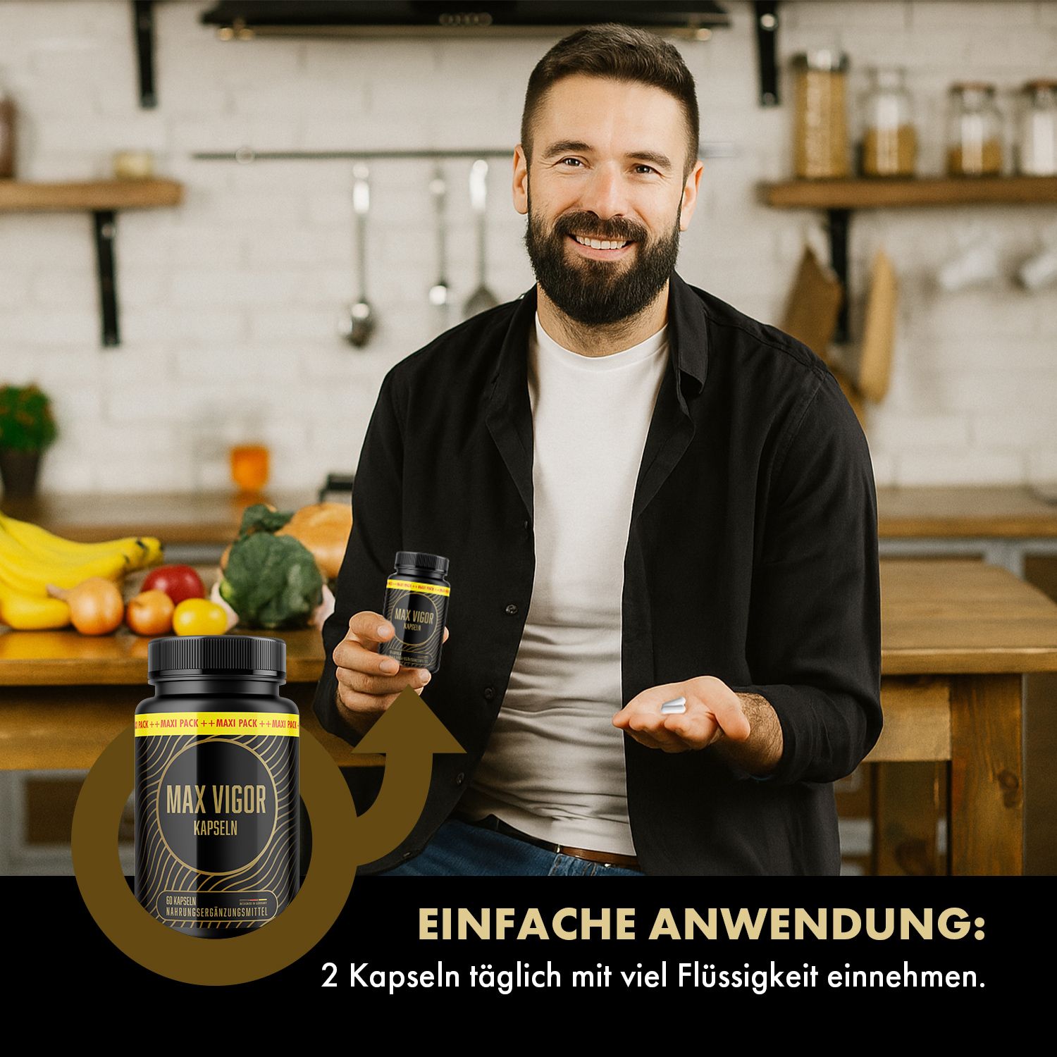 Mann hält eine Flasche MAX VIGOR KAPSELN und Kapseln in der Hand. Aufschrift: MAX VIGOR KAPSELN. Einnahme: 2 Kapseln täglich mit viel Flüssigkeit.