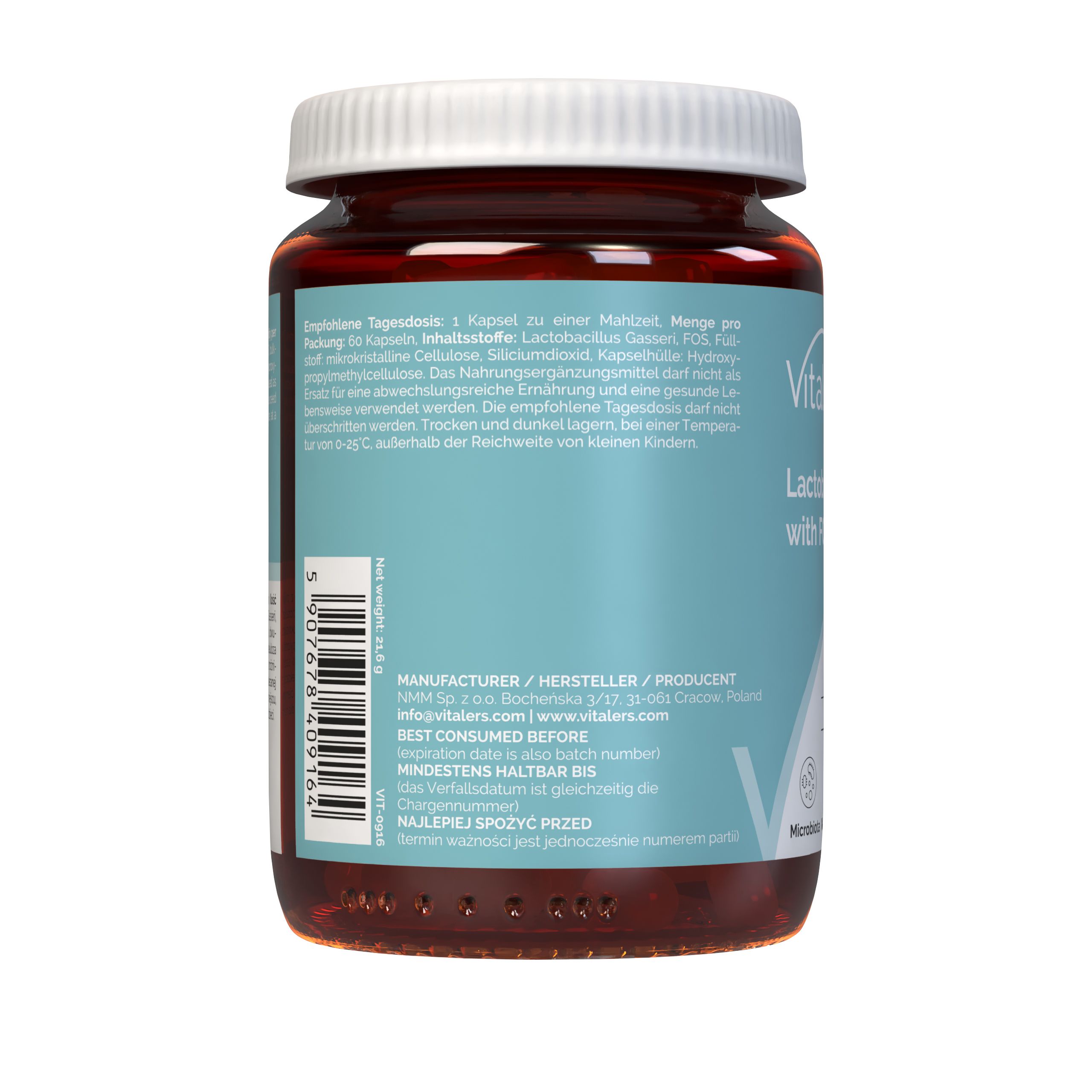 Vitaler's Lactobacillus Gasseri mit FOS: Rückseite der Flasche mit Herstellerangaben und Mindesthaltbarkeitsdatum.