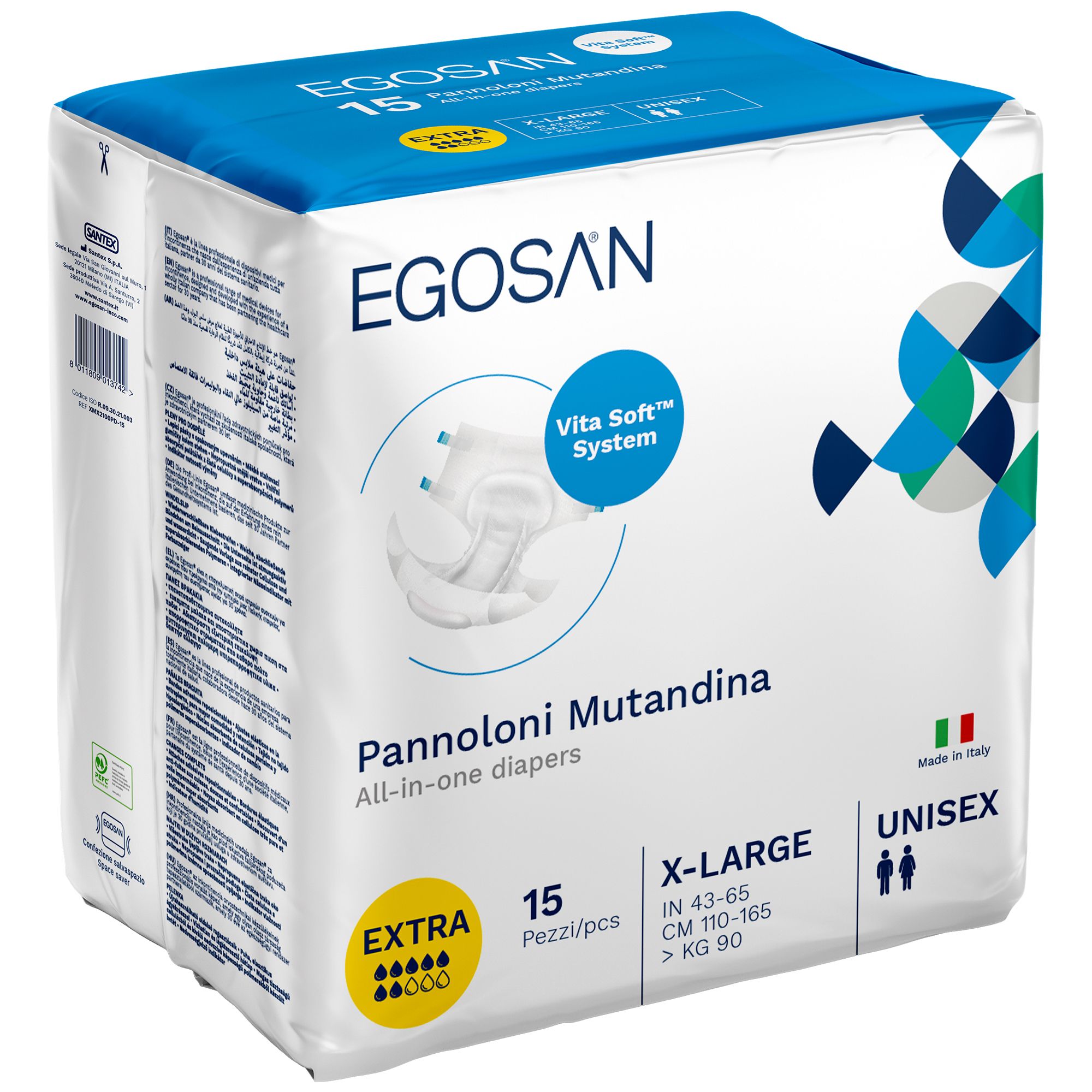 Egosan® Slip EXTRA, All-in-one Windeln, XL-Large, 15 Stück. Verpackung mit Produktabbildung und Text.