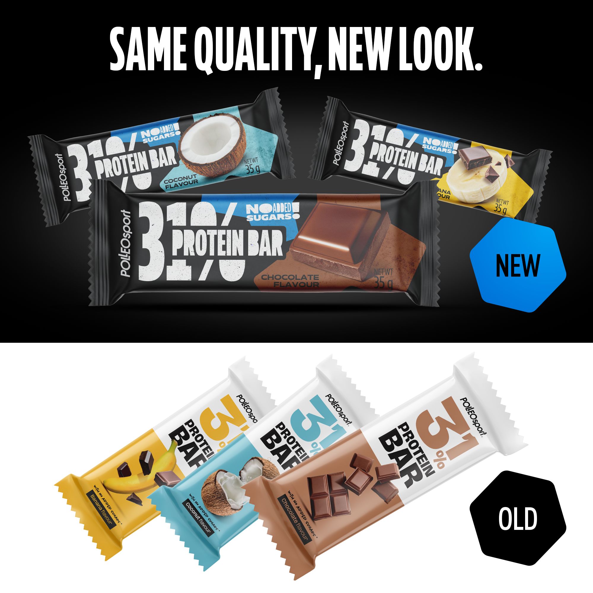Verschiedene Proteinriegel-Verpackungen. Oben: Neue Designs. Unten: Alte Designs. Aufdruck '31% Protein Bar' und Produktnamen.