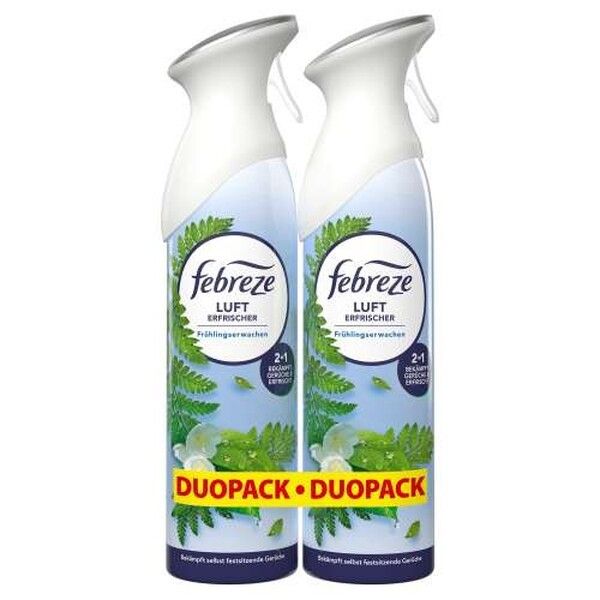 Febreze Lufterfrischer Frühlingserwachen Duo-Pack: Zwei Sprühflaschen mit Duft nach Frühlingserwachen und Farnmotiv.