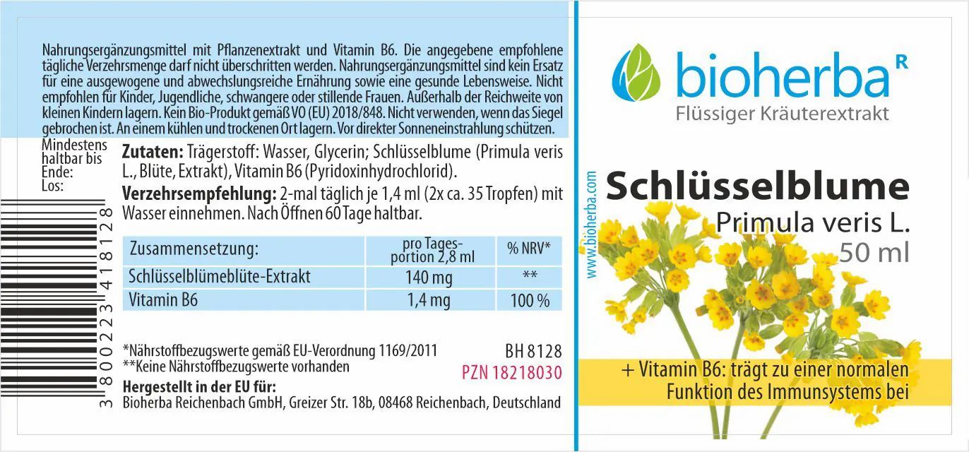 Etikett mit Produktinformationen. Text: Bioherba, Schlüsselblume Primula veris L. 50 ml. Zutaten, Verzehrempfehlung, Zusammensetzung.