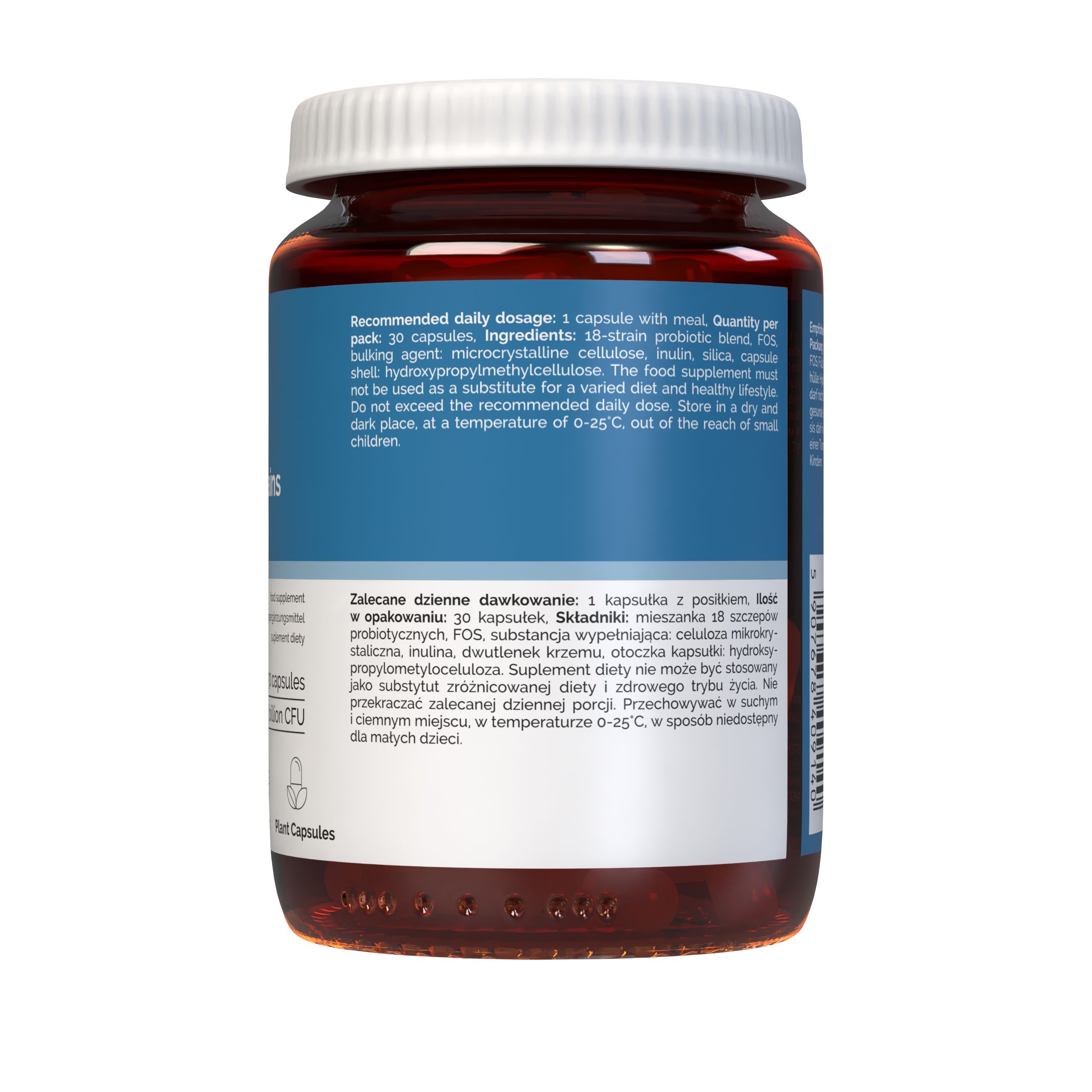 Vitaler’s Probiotikum 18 Stämme mit FOS: Rückseite der Flasche mit Anwendungshinweisen.